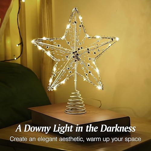 Miniatura 110 de Lewondr Decoración para árbol de Navidad, control remoto alimentado por USB, temporizador de 6 horas, estrella de árbol controlada con luces y Plata