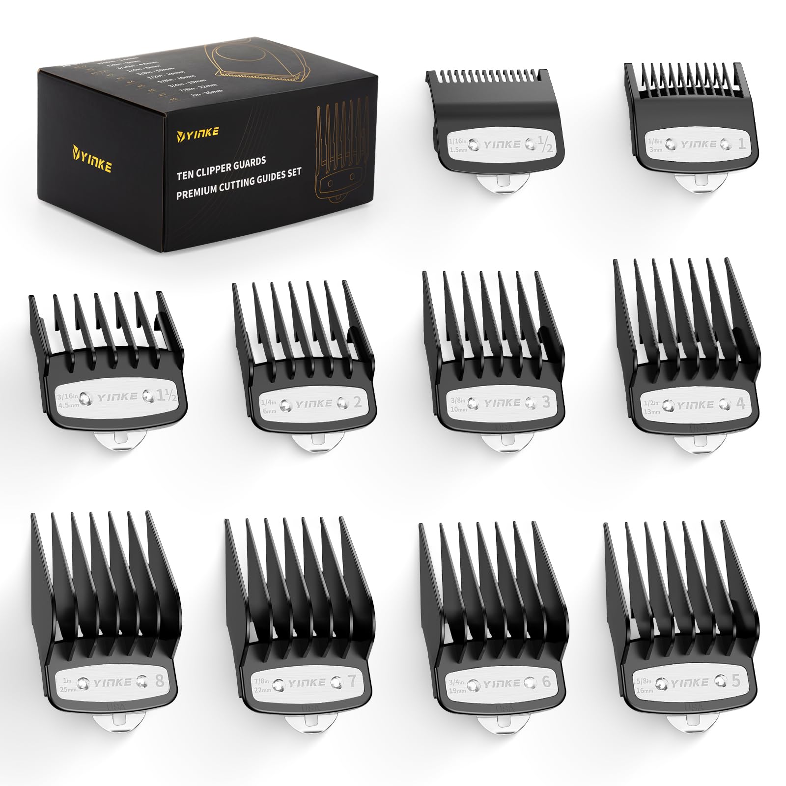 Yinke Clipper Guards Premium Cutting Guides for Wahl Clipper with Metal Clip from 1/16” to 1”/ 1.5mm to 25mm, Fits Most Full Size Wahl Clippers Trimmer (10PCS, Black)