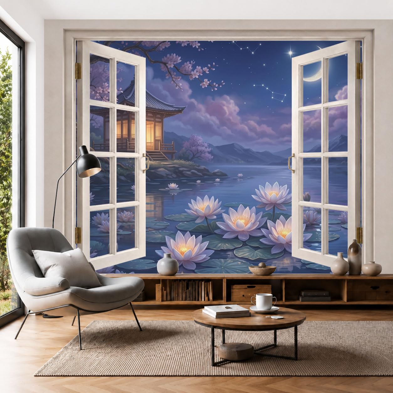 Papier Peint Intissé Panoramique Luxe Paysage Japonais Cour Intérieure Bleu Foncé