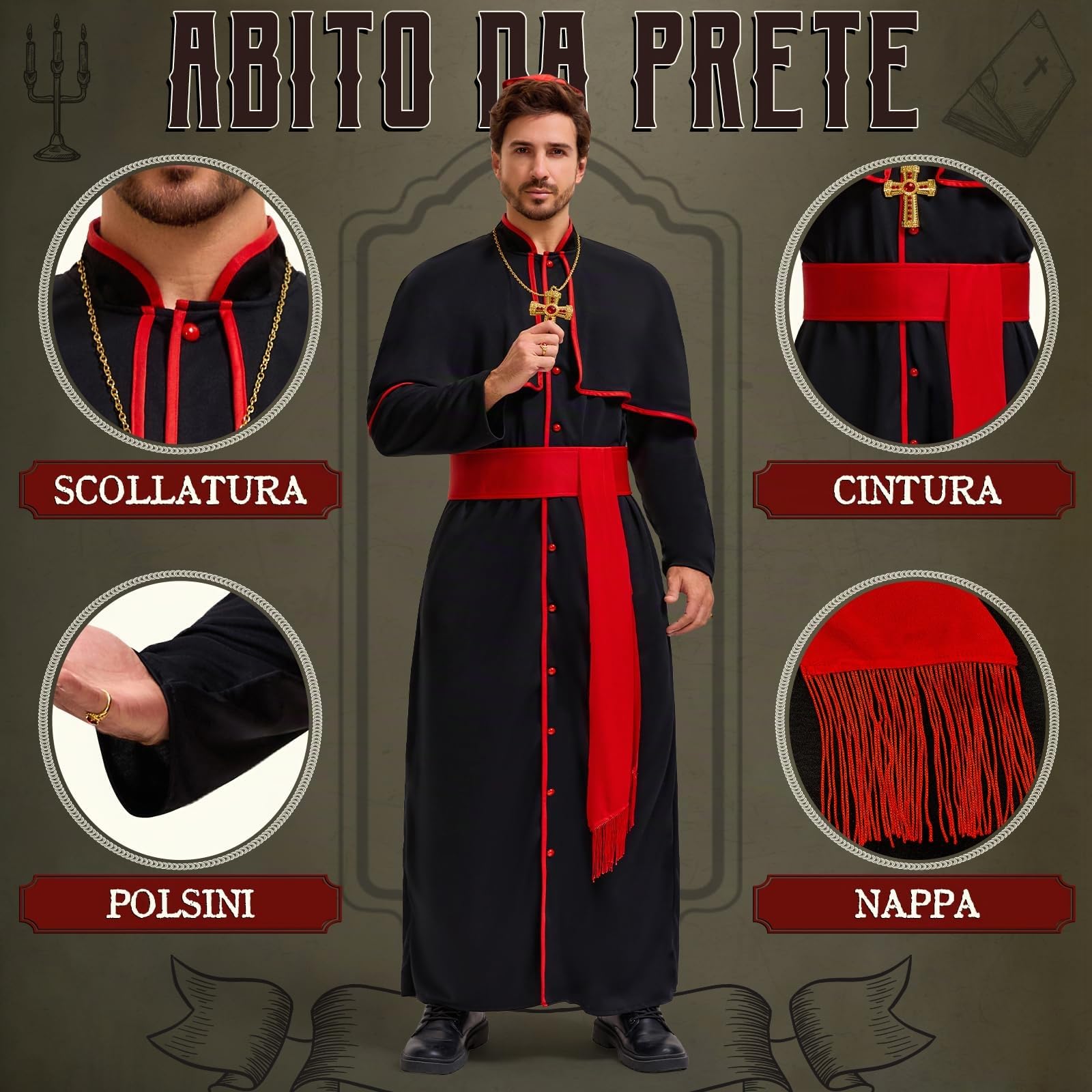Costume Cardinale per Uomo, Carnevale Costume da Prete per Adulto con Catena, Cintura Vestito da Prete per Carnevale Cosplay