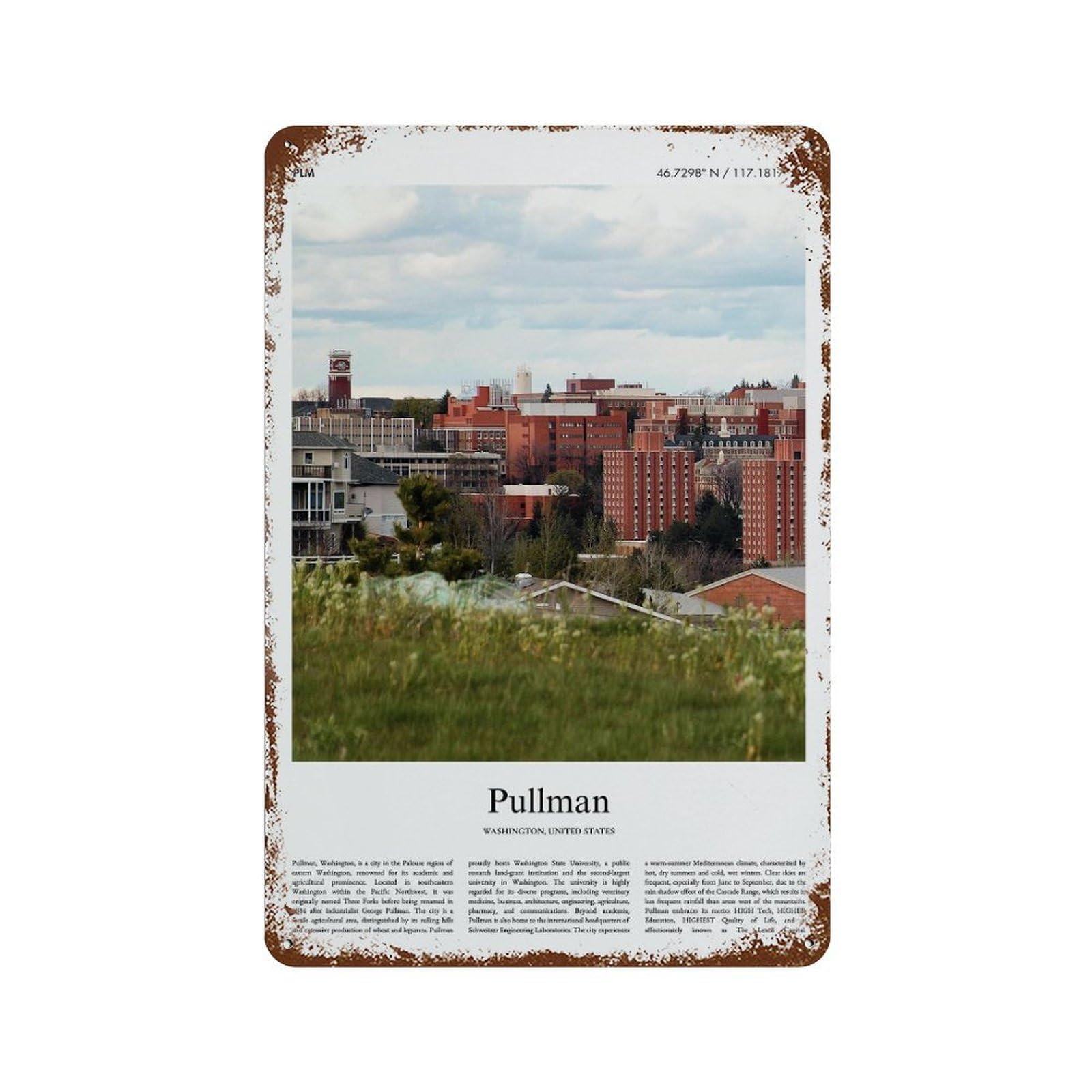 xiaoxiaoshen Pullman Washington, United States, USA City Scenery Wall Decor Art Metal Tin Poster Modern Home Decor Art Home Bar Shop Decorations Vintage Sign 30x20cm