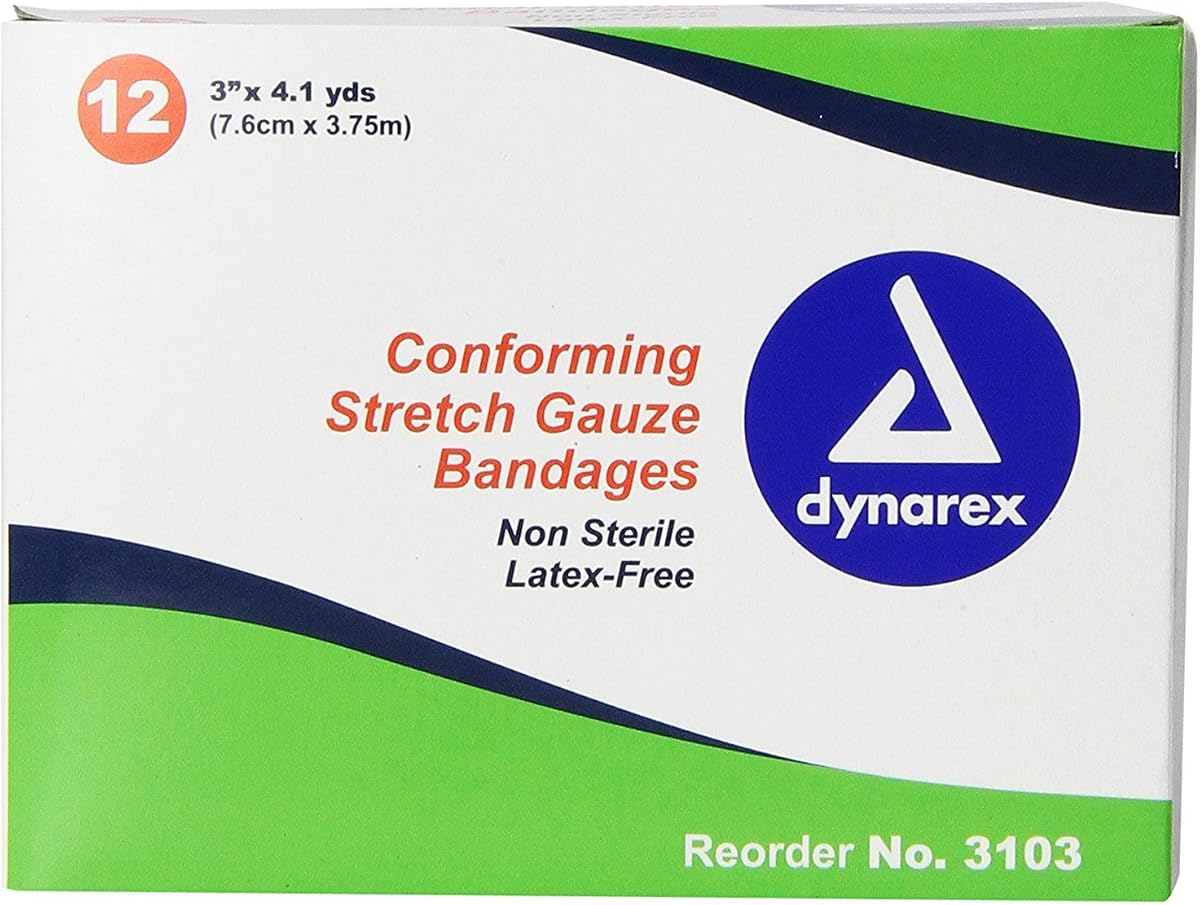 Stretch Gauze Bandages, 3" x 4.1 yds, Non-Sterile & Latex-Free, Wound Care in Medical and Home Environments, 1 Box of 12 Dynarex Bandages