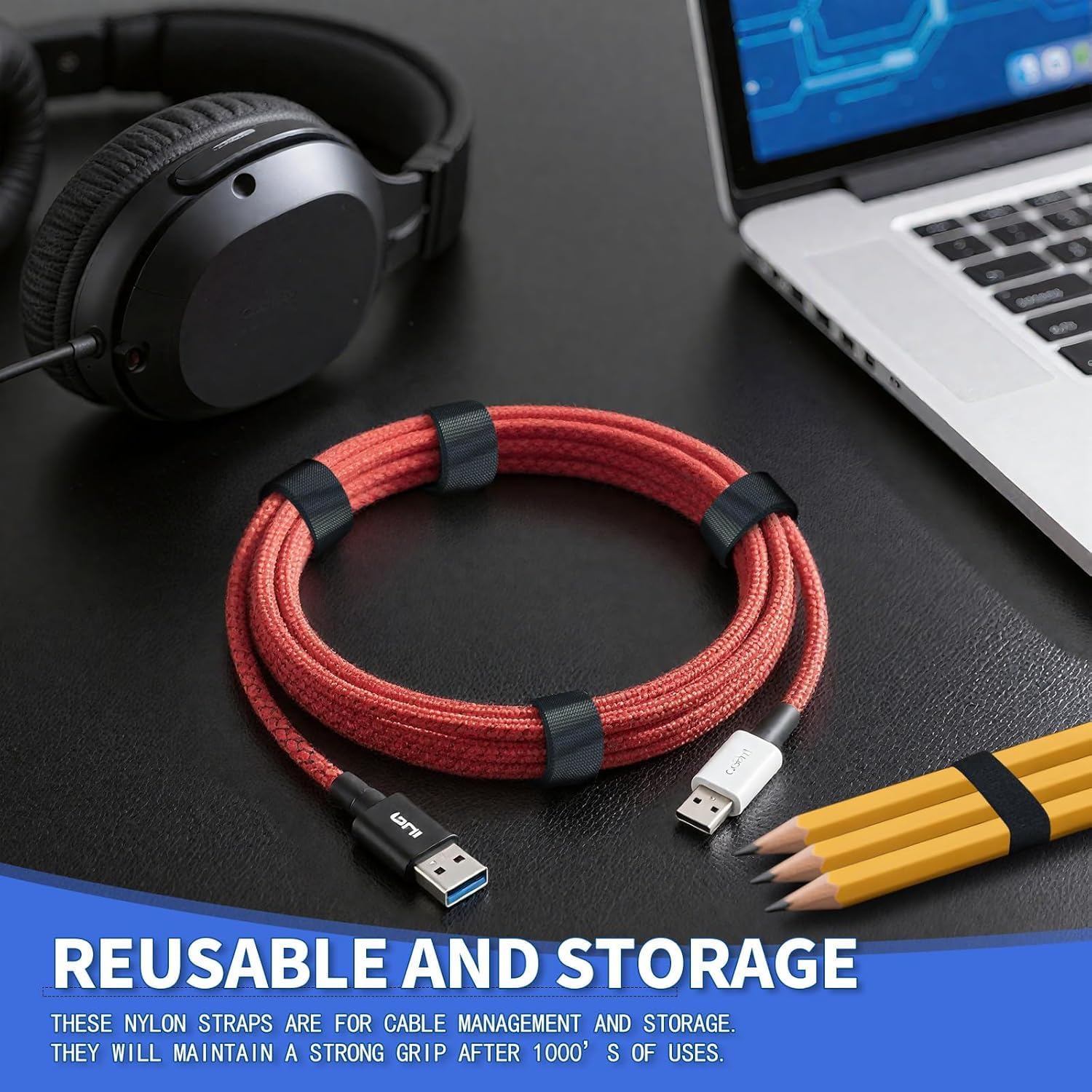 1/2In x 500Ft Reusable Cable Ties Hook and Loop Roll | Tie Down Straps, Nylon Double-Sided Strips, | Adjustable Multi-Purpose Wrap Fasteners forOffice, Home, Data Center