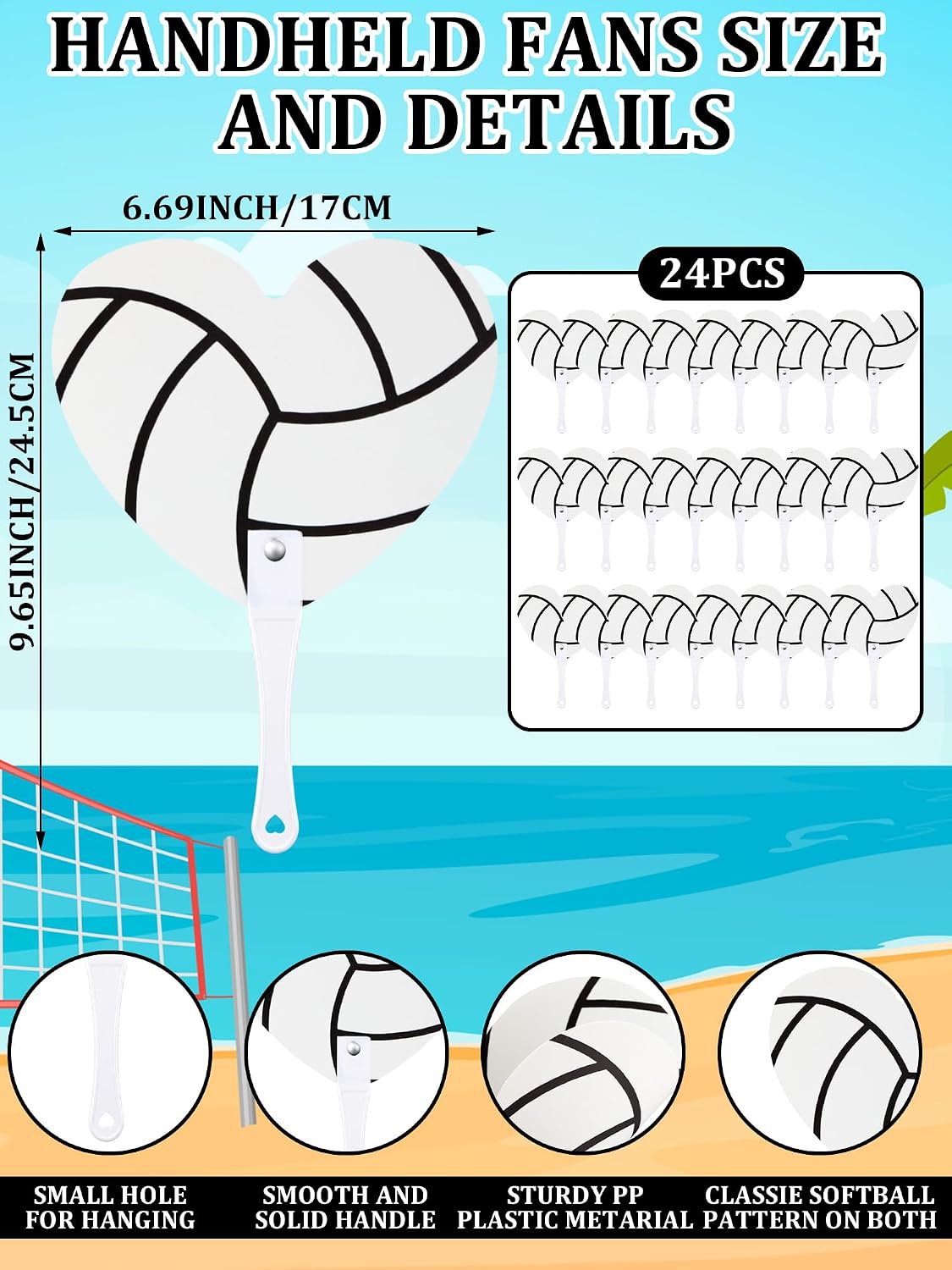 Huquary 24 Pcs Softball Handheld Fan Bulk Baseball Hand Held Fans Decorative Volleyball Heart Hand Held Fan Summer Game Day