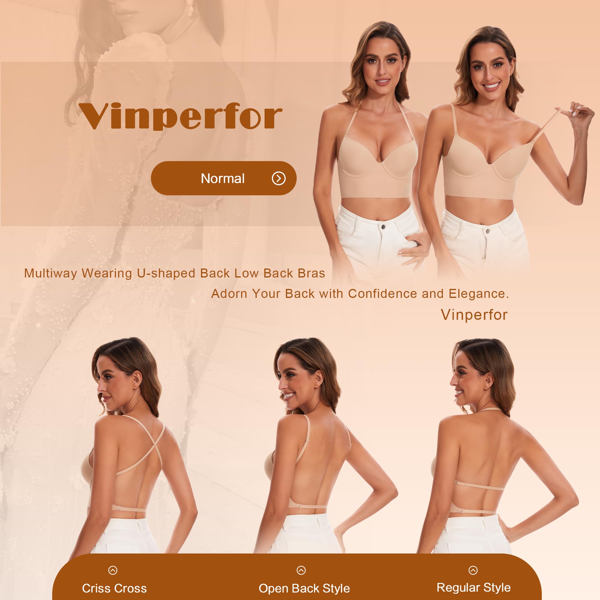 Sujetador de espalda baja para mujer, sin costuras, con espalda en forma de U y aros, sujetadores de cuello halter, Multiway con tirantes convertibles