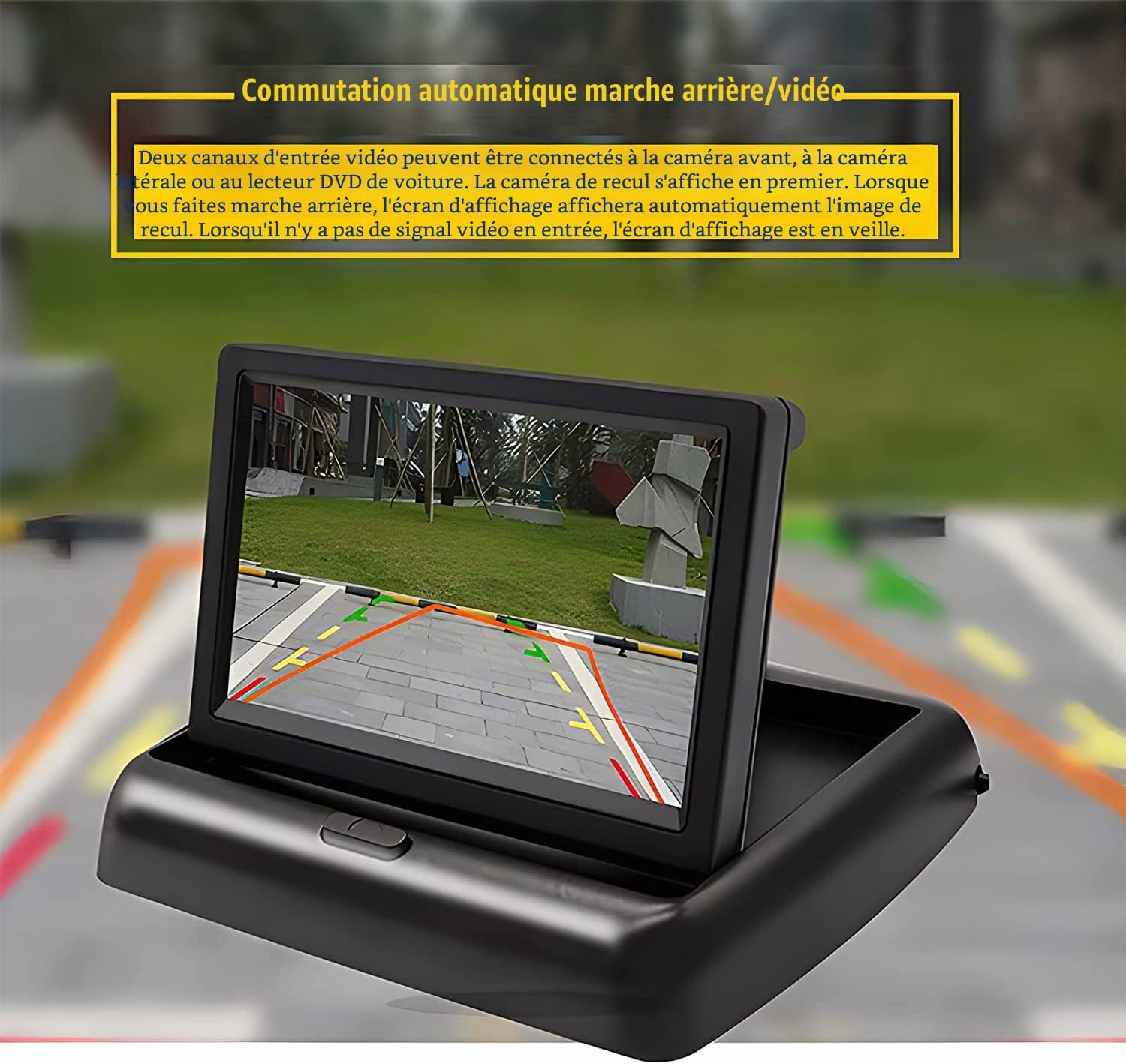 OBEST Écran de Caméra de Recul TFT LCD 4,3 Pouces, Écran Arrière de Base Rabattable à 2 Entrées Vidéo Système, Alimentation Directement Connectée au Commutateur, Entrée AV1 / AV2 12V