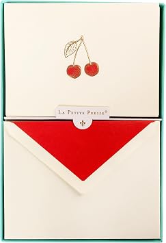Graphique Cherries Designer Cards Luxe Collection, Gold Foil Embossed Stationery Boxed Set, 10 Blank Cards with 11 Envelopes, All Occasion Greetings, 5.25" x 3.8"