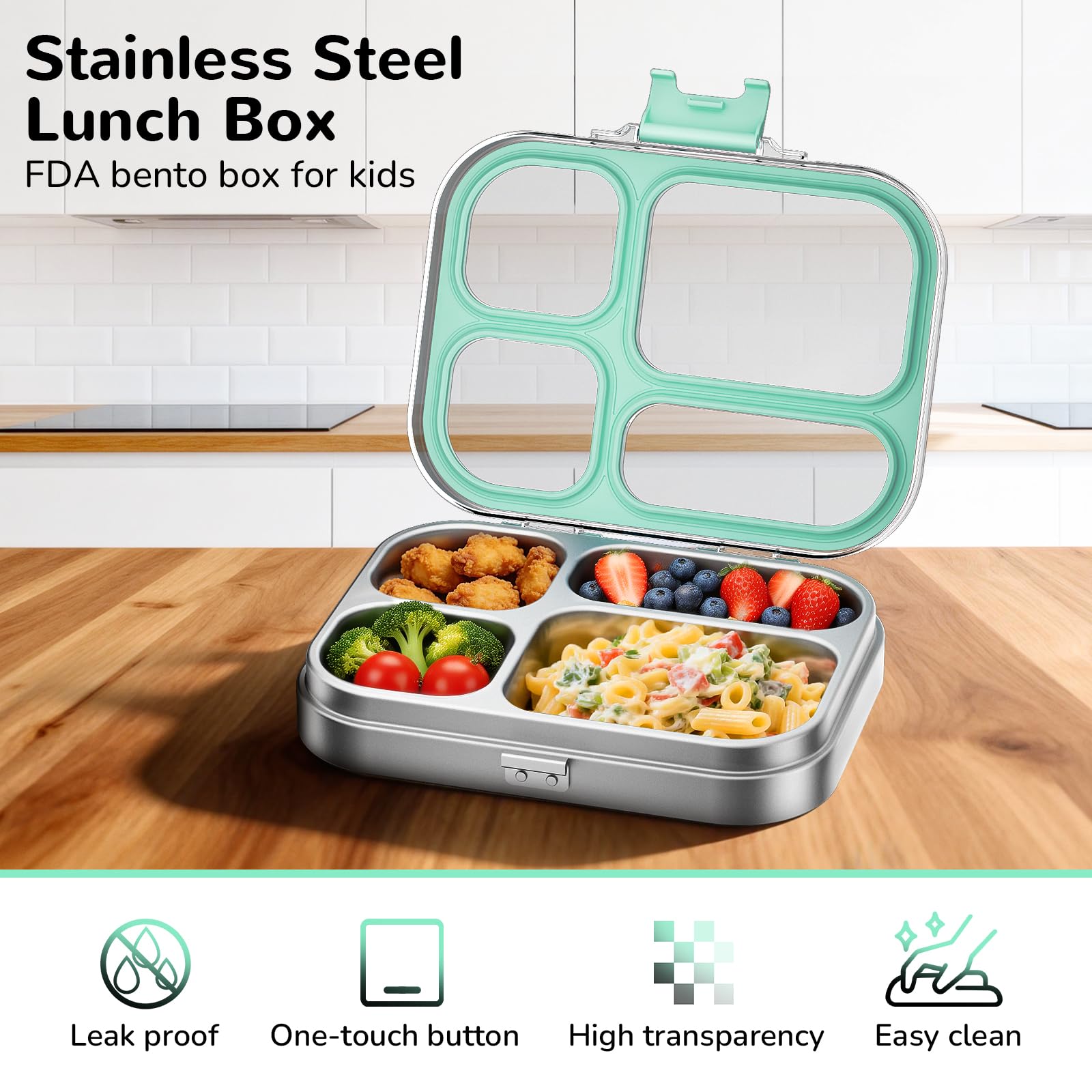 G.a HOMEFAVOR 800 ml Pudełko na lunch Bento ze stali nierdzewnej 304 dla dzieci, hermetyczne pudełko bento z 4 przegródkami, tacą na kanapki i sałatkę, nadaje się do zmywarki, zielony