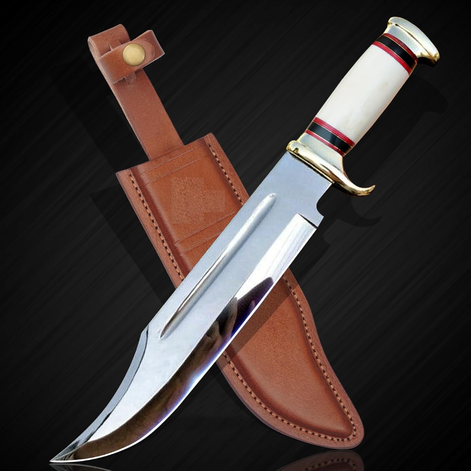 14" Crocodile Dundee Bowie Knife – Mirror Polished Hunting & Survival Knife with Bone Handle and Leather Sheath – Tactical Knife for Camping, Outdoor, Bushcraft, Gift for Men