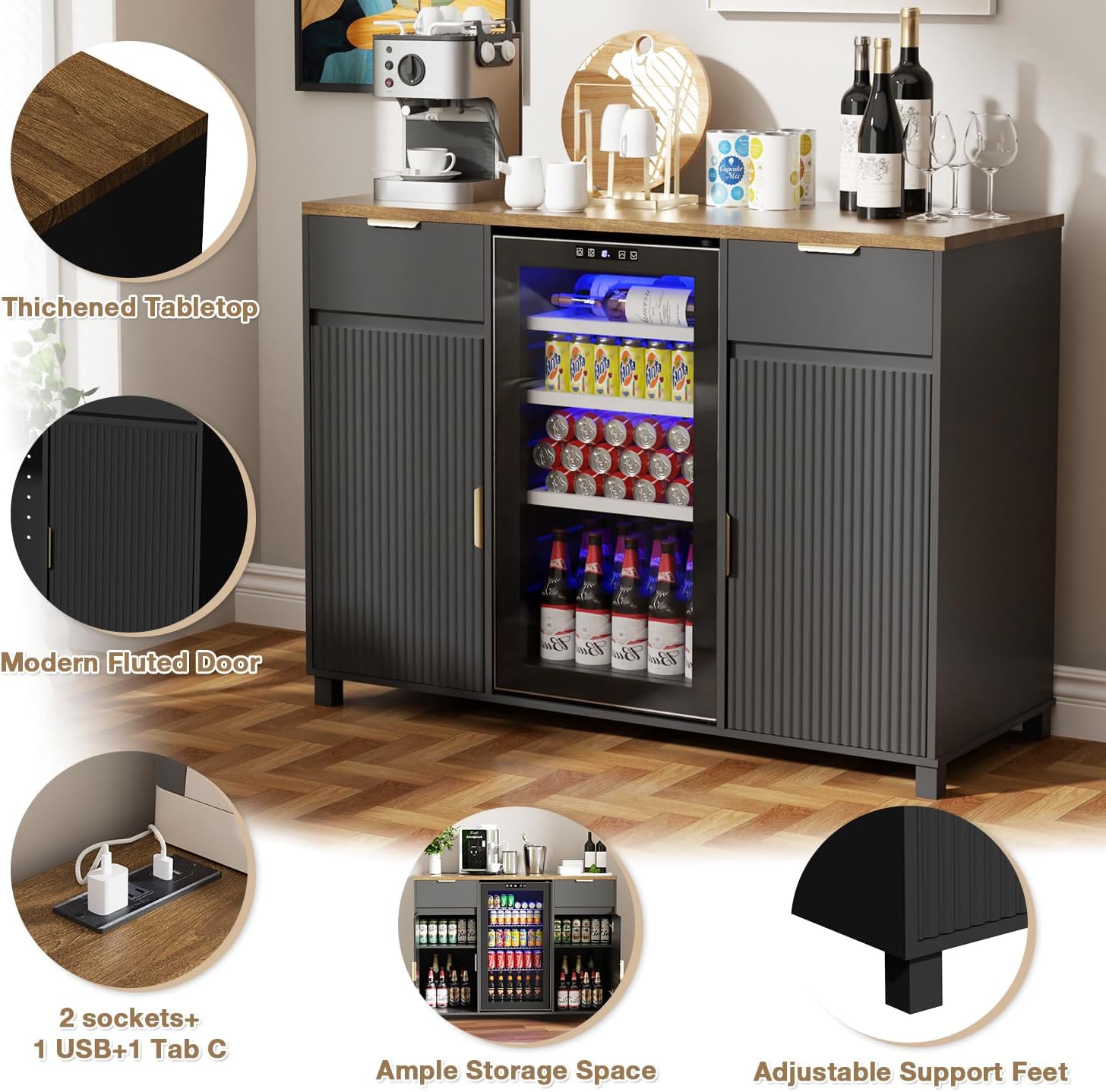 Coffee Bar Cabinet with Fridge Space, Wine Bar Cabinet with Power Outlet, Mini Fridge Cabinet with Fluted Door for Dining Room, Living Room, Kitchen