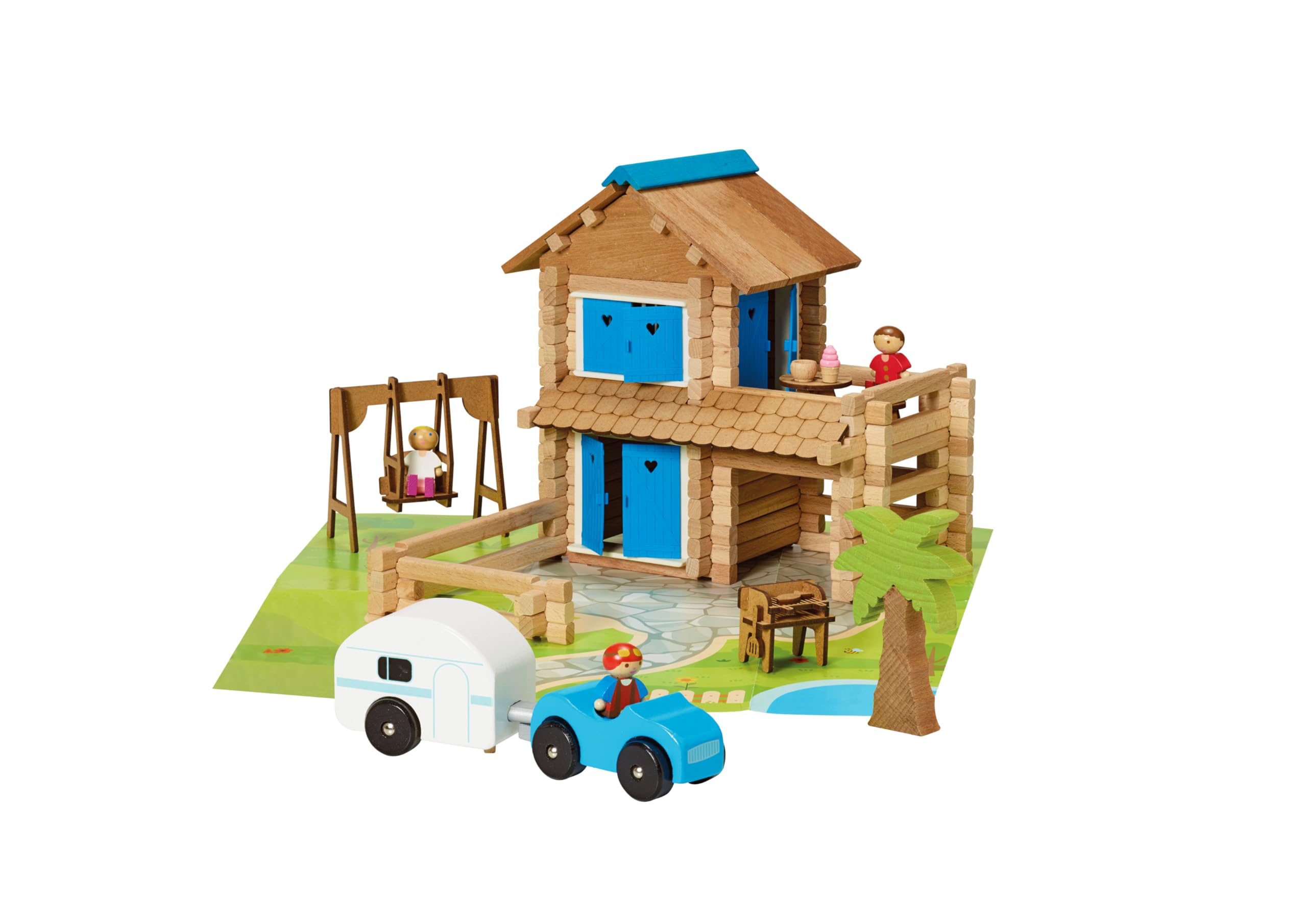 Jeujura - Maison de Vacances 185 Pièces - Jeu de Construction 5 Ans - 8017 | Jeu en bois enfant - Personnages et accessoires inclus - Valisette de rangement - Imagination - Fabriqué en France