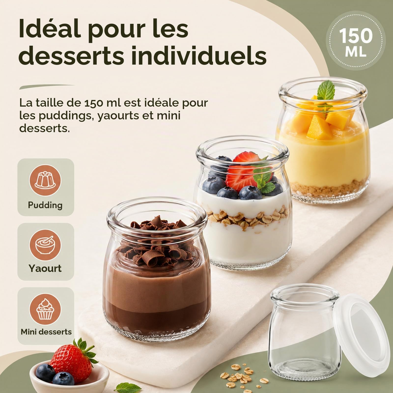 JMIATRY 36 PCS 150 ML Pot de Yaourt en Verre avec Couvercle pour Yaourt Maison, Desserts, Overnight Oats