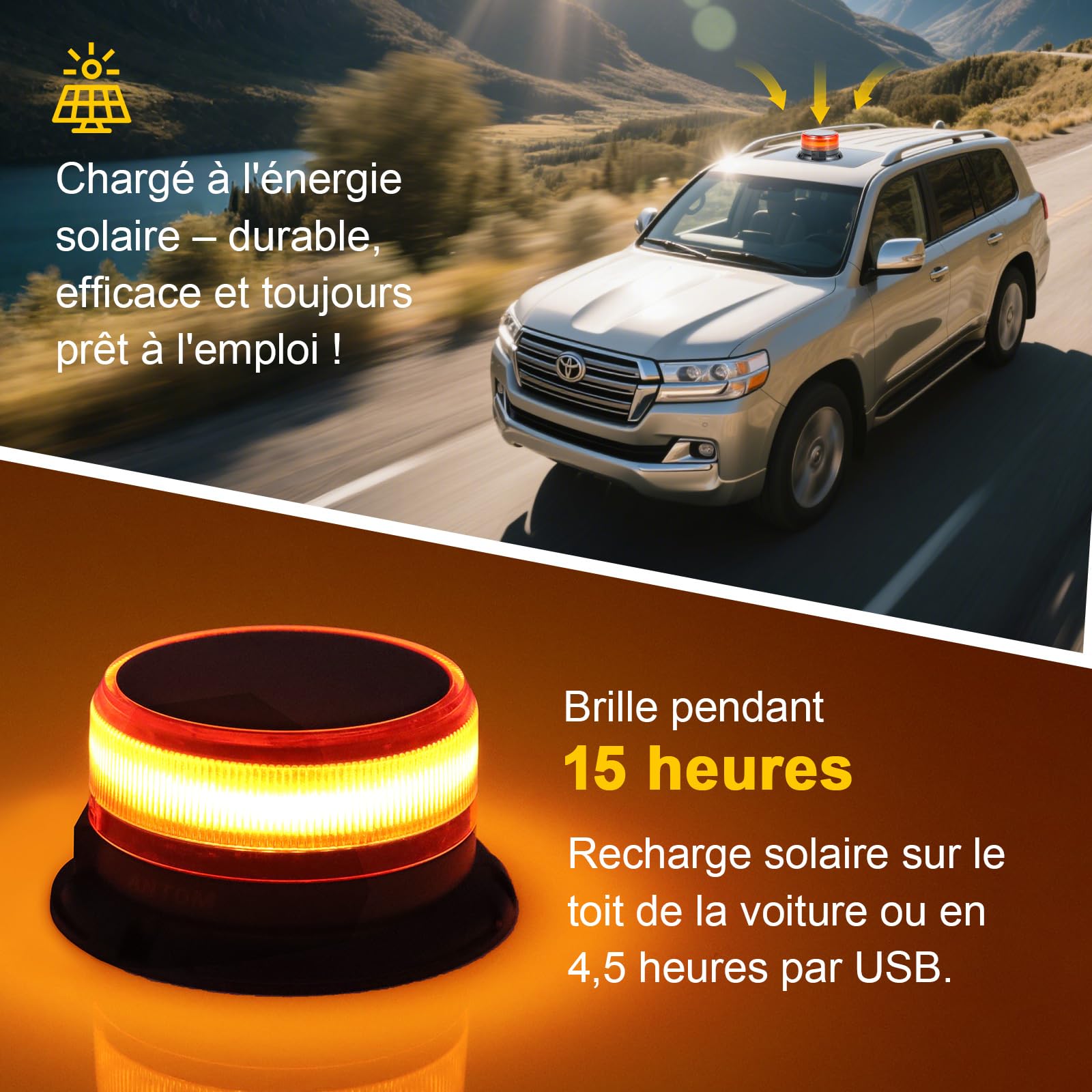 Gyrophare LED Sans Fil Solaire Magnétique Orange pour Tracteur | Étanche IP68, Fixation 130 km/h, 9 Modes Clignotants, Recharge USB, pour Camion et Remorque