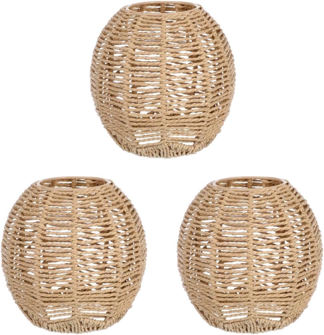Angoily 3 Stücke Gewebt Lampenschirm Retro Rattan Gewebt Korb Decke Hängelampe Abdeckung Vintage Kronleuchter Lampenschirm für Esszimmer Wohnzimmer, 14 x 15cm