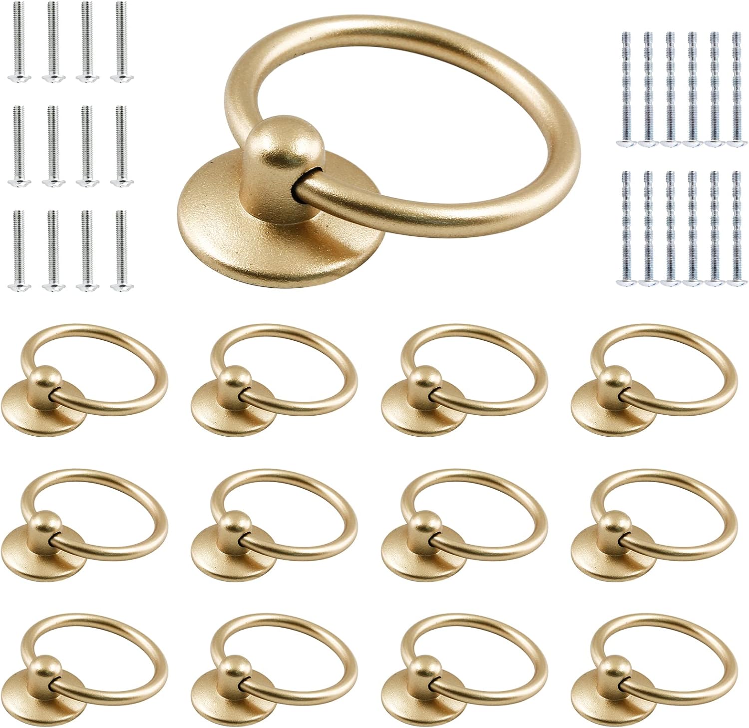 12 Pcs Antique Round Ring Drawer Pulls Vintage Cabinet Drop Ring Knob Pulls Zinc Alloy Circle Dresser Pull Handle with Screws for Furniture, Kitchen, Cupboard, Wardrobe (Gold)