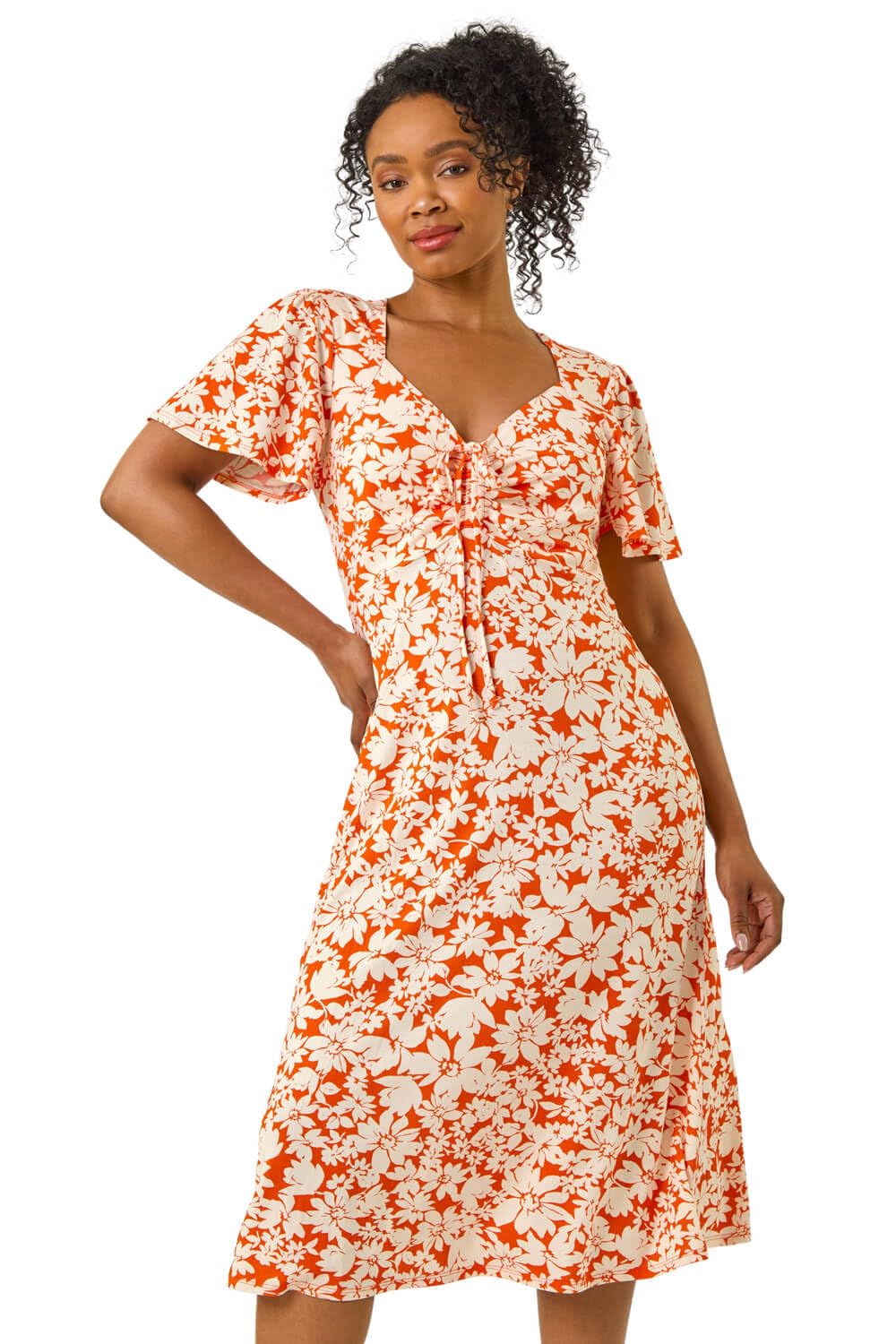 Roman Women's Orange Petite Floral Ruched Midi Dress In | : Size 8
