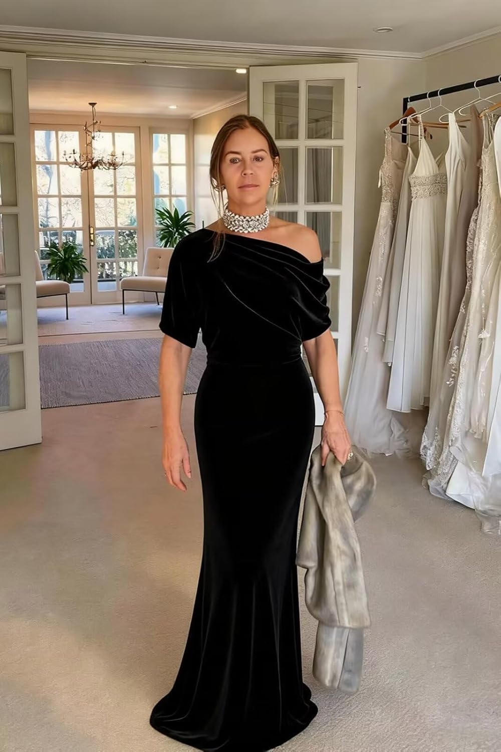 Velvet Mother of The Bride Dresses for Women One Shoulder Mermaid Evening Gown Long Wedding Guest Dress