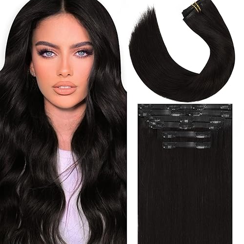 Vista 72 de Lacer Extensiones de cabello humano con clip, de doble trama, cabello brasileño de cabeza completa, color negro azabache, extensiones de cabello