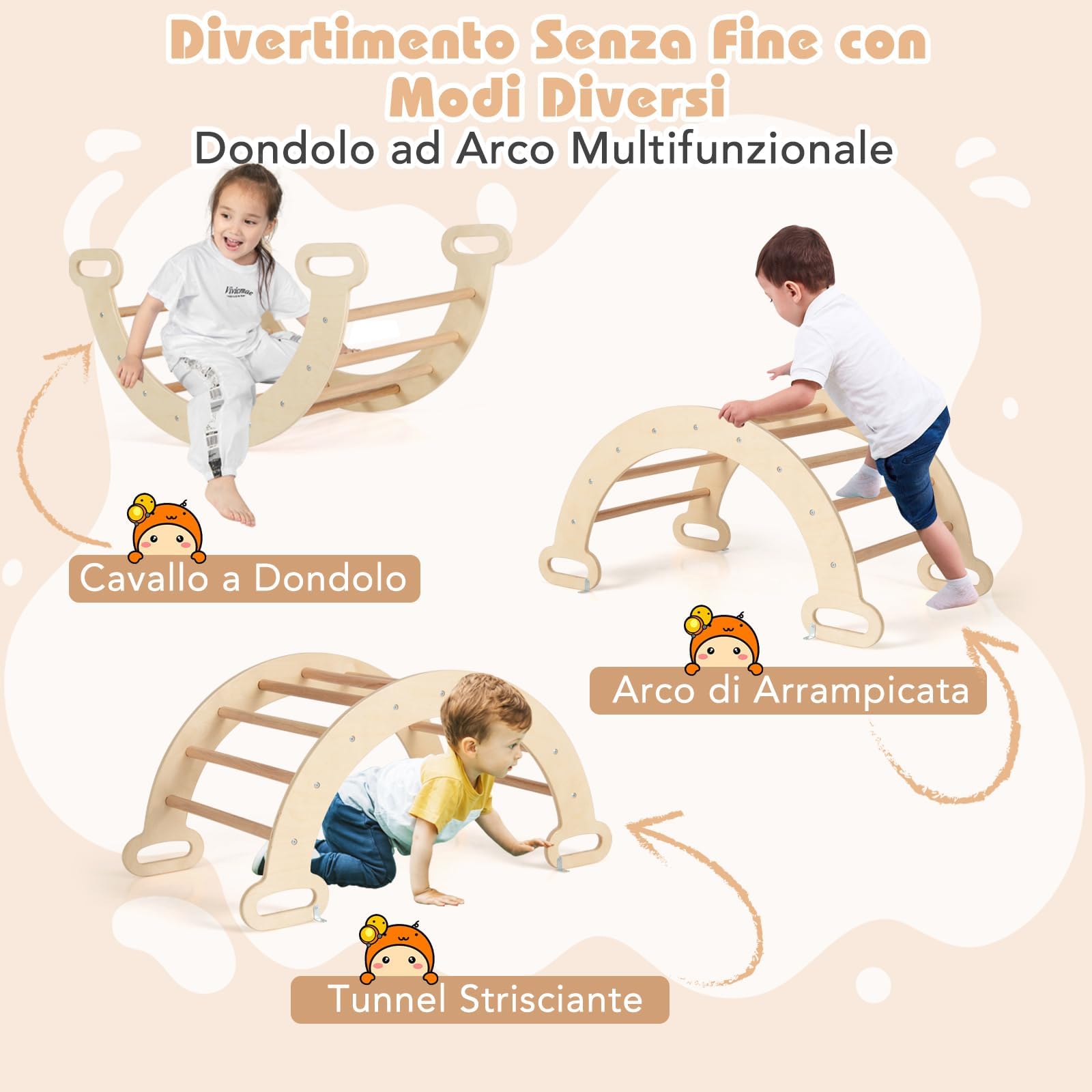 COSTWAY 4 in 1 Set da Arrampicata per Bambini, Giocattoli da Arrampicata a Triangolo con Triangolo Arco e Salita, Ideale per Bambini 1 Anni + (Naturale)