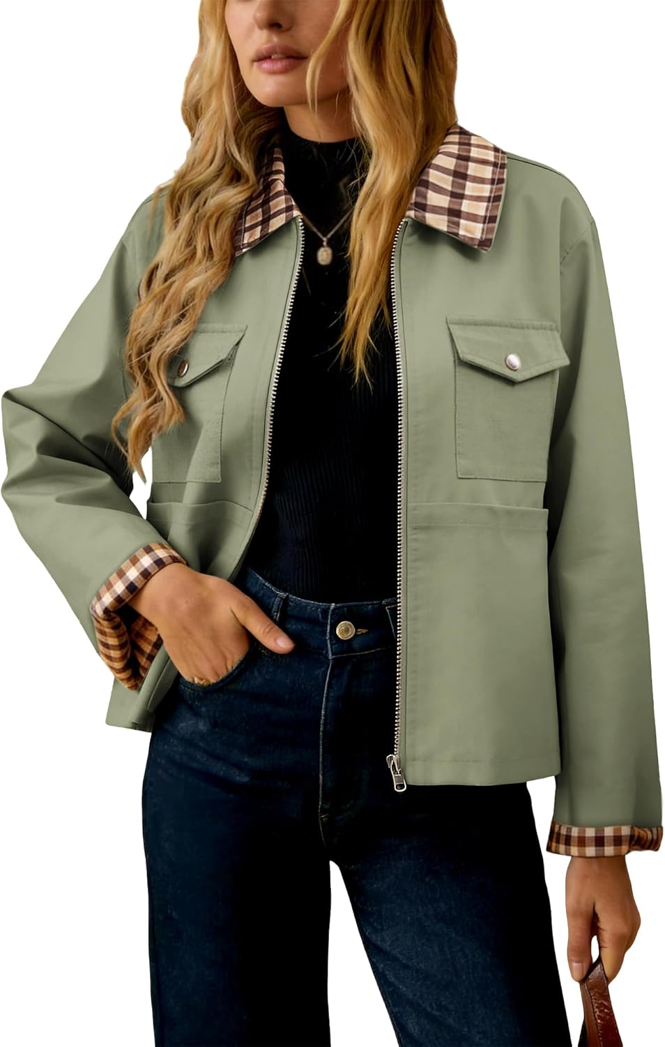 UEAL Womens Plaid Casual Barn Jacket 2026 Long Sleeve Zip Up Spring Outfits With Pockets