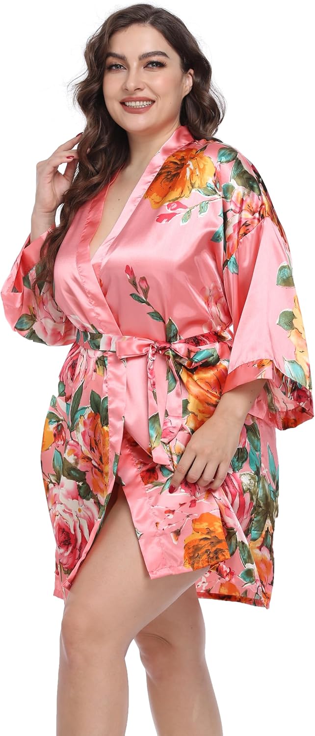 Women's Plus Size Floral Silky Robes Bride Bridesmaid Short Satin Bathrobe Kimono Loungewear Dressing Gown