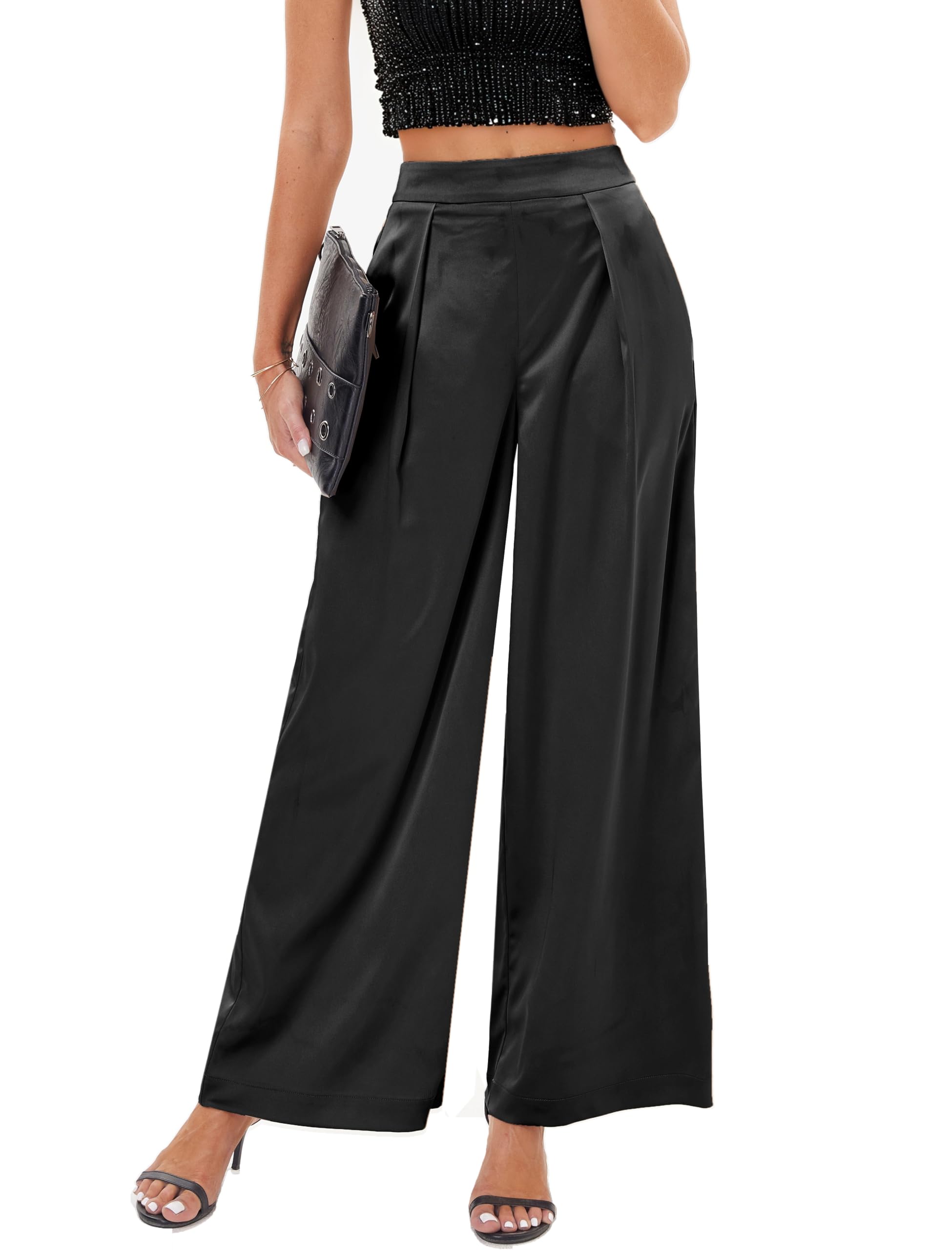 Fakanhui Pantaloni a palazzo da donna a gamba larga, in raso, da lavoro, lavoro, casual, eleganti, pieghettati, per feste, club