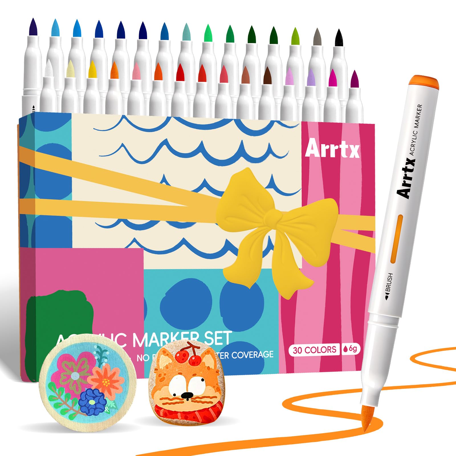 Arrtx Acrylstifte für Steine Wasserfest, 30 Farben Acrylmarker mit großem Fassungsvermögen,Schnelltrocknend und Ungiftig, Kunstbedarf für Stein, Glas, Ei, Holz, Met, Keramik, DIY Handwerk