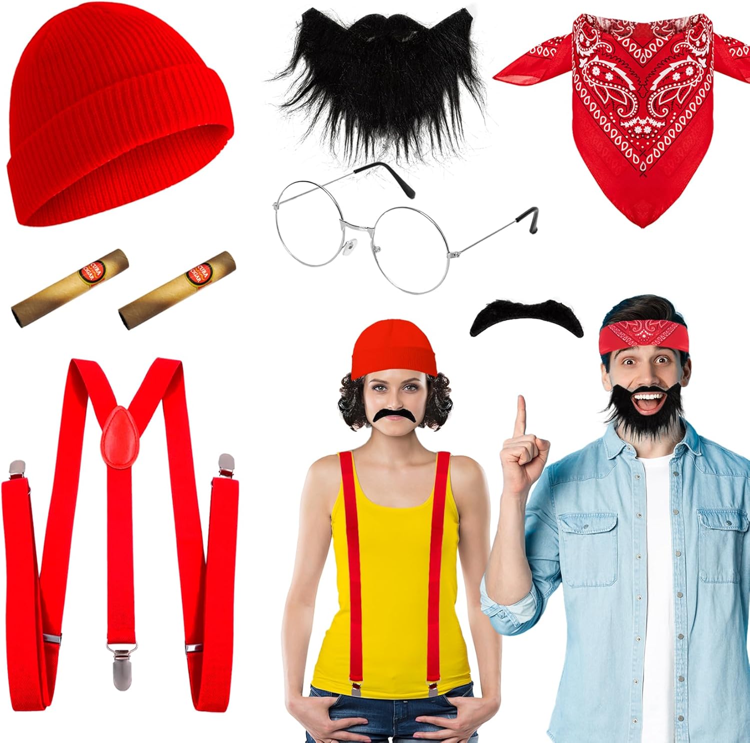 Halloween Men's Costume Kit with Glasses, Red Bandana, Scruffy Mustache,Red Hat,Elastic Suspenders for Party Cosplays