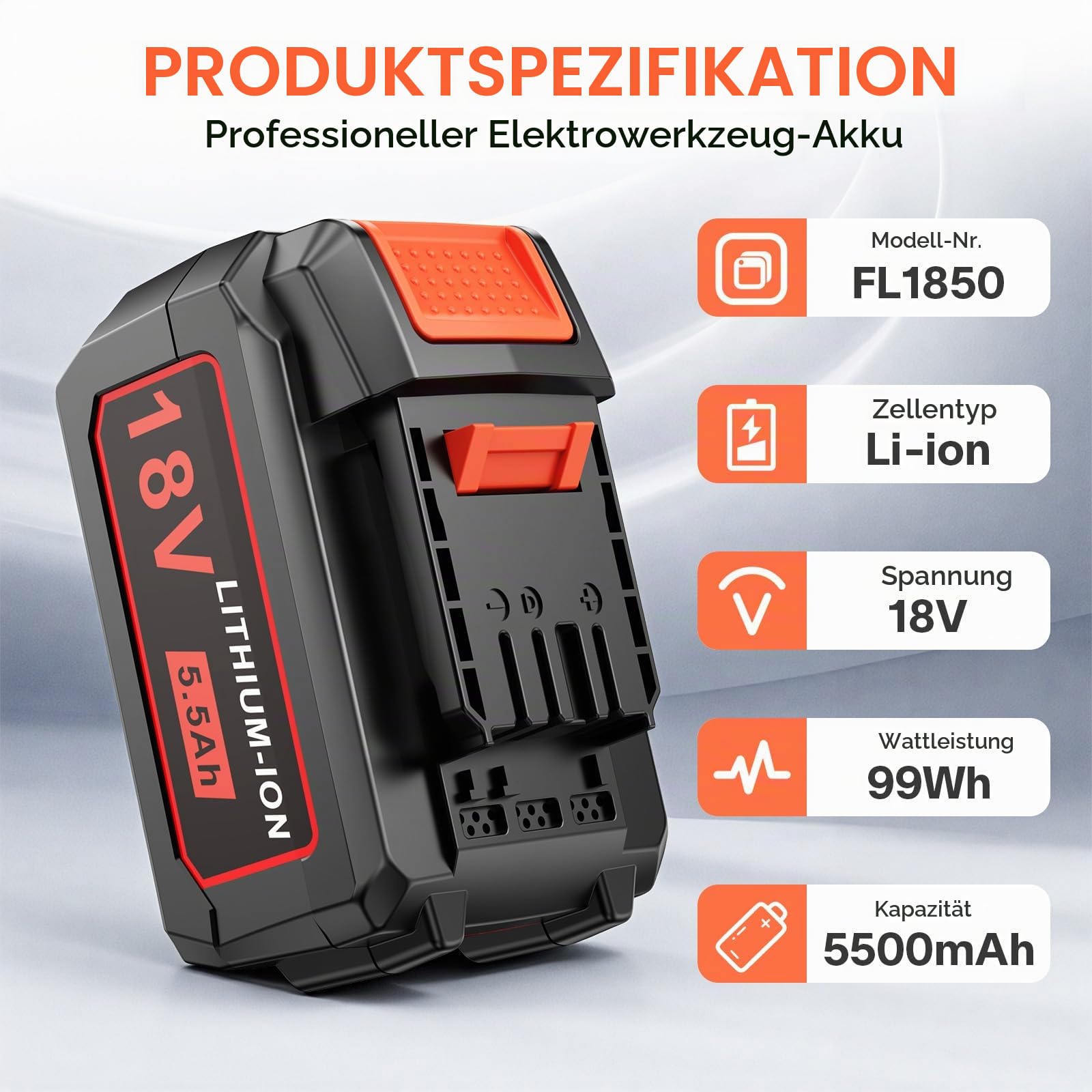 18V 5500mAh Li-ion Akku für Flex AP Werkzeug, FL1850 Ersatzakku 445894 Werkzeugakku mit Ladezustandsanzeige