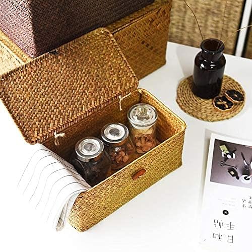 Miniatura 8 de Cesta de almacenamiento tejida a mano con tapa de pastos marinos, versátil caja de almacenamiento tejida con tapa, ideal para cosméticos, ropa,