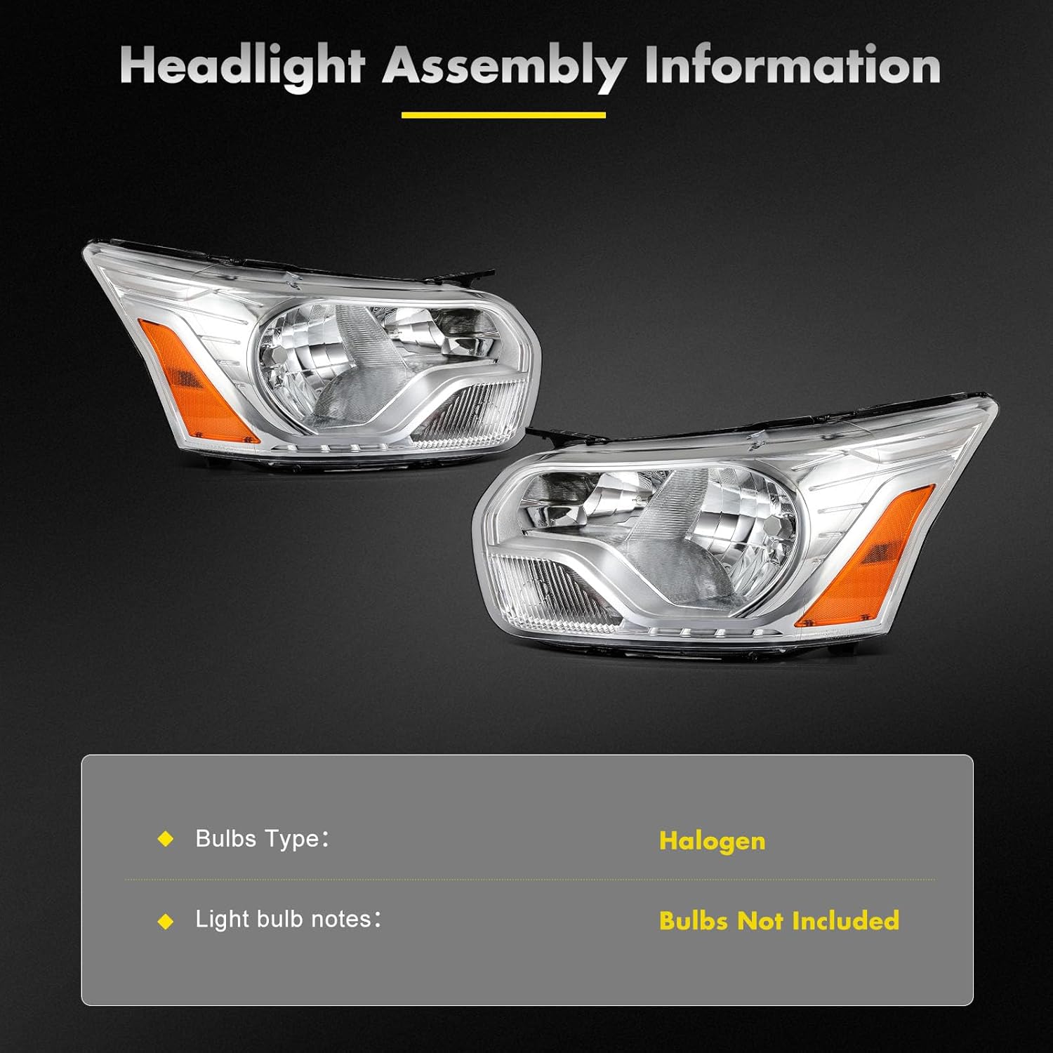 Driver and Passenger Side Headlight Assembly fit for 2015-2019 for Ford Transit Chrome Housing Amber Reflector Headlights Assembly Pair Replacement CK4Z13008M FO2502357