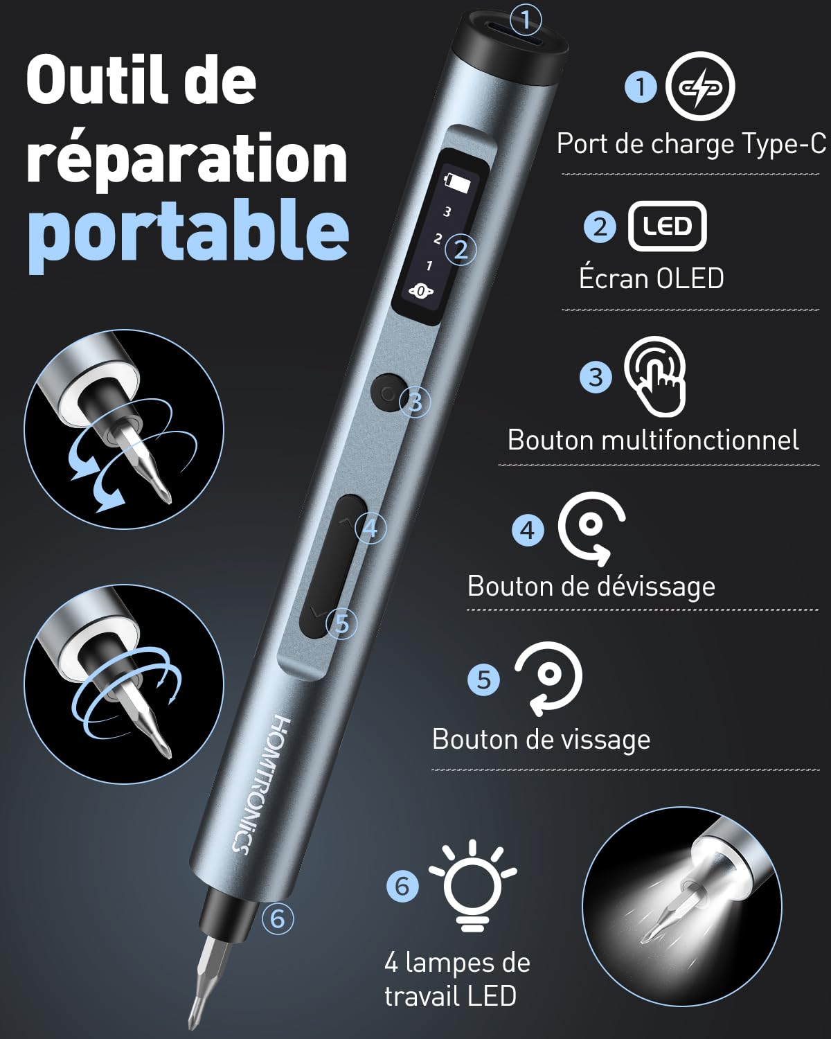 Mini Tournevis Électrique de Précision 68 en 1, 3 Couples Réglables, Rechargeable Sans Fil avec 60 Embouts S2 pour Montre, Lunettes, Drone, PC
