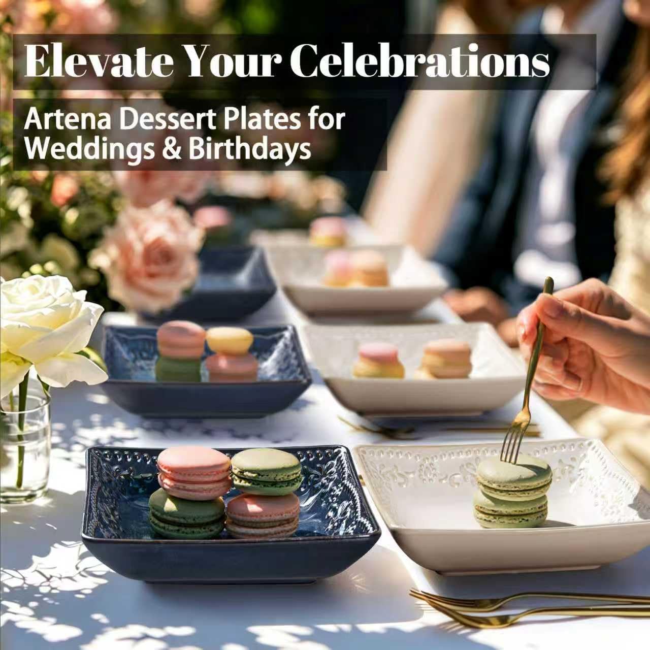 Artena Ceramic Square Dessert Plates Set of 4, 6 Inch Embossed Appetizer Plates for Snack, Bread, Sauce & Side Dish – Microwave & Dishwasher Safe, Scratch Resistant, White, Multiple Patterns