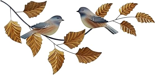 T.I. Design Chickadees on Branch - Decoración de pared de metal contemporánea hecha a mano con pájaros