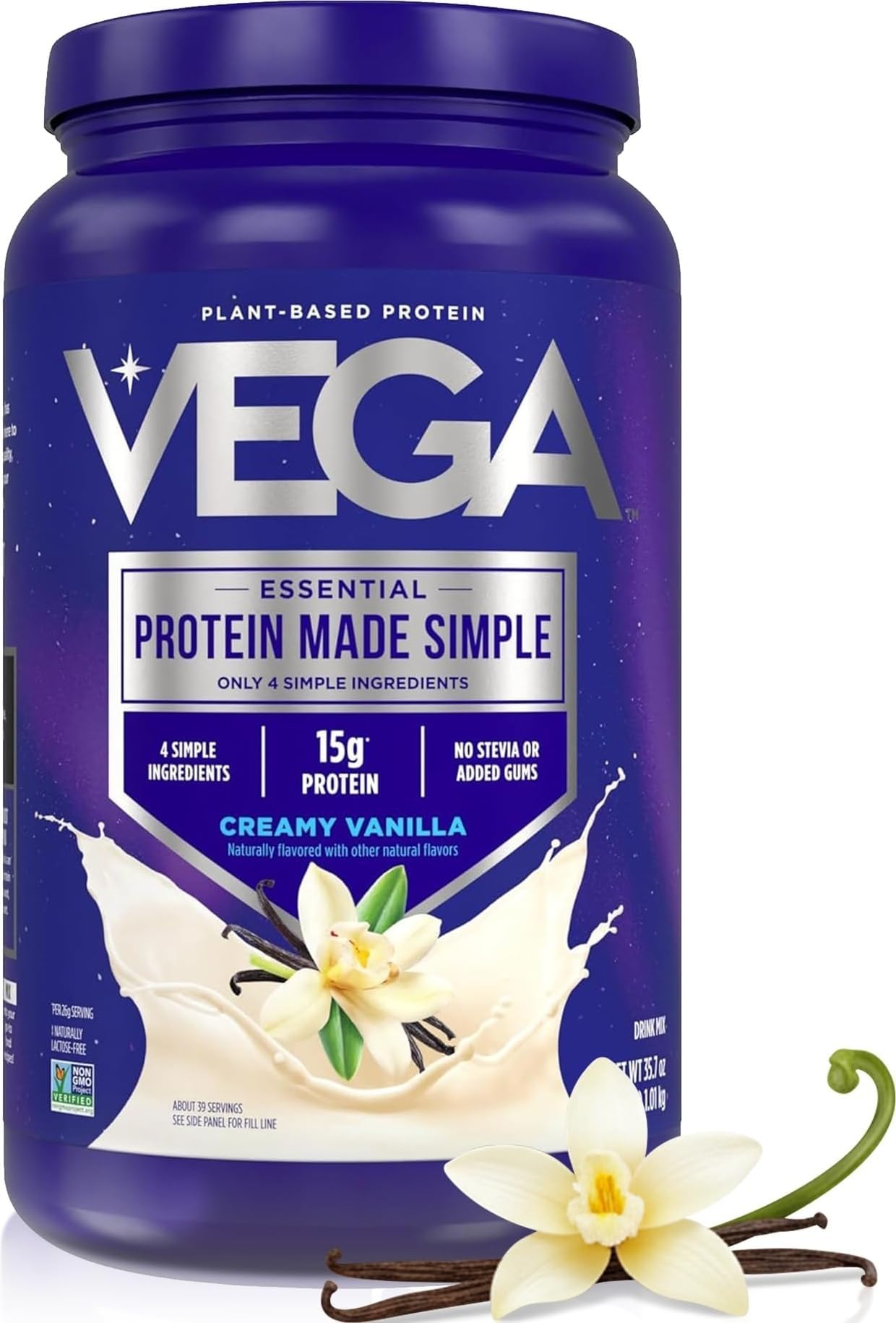 Vega Protein Made Simple Plant-Based Vanilla Protein Powder with 15g Protein – Stevia-Free, Clean Nutrition – 2.2 lbs (38 Servings)