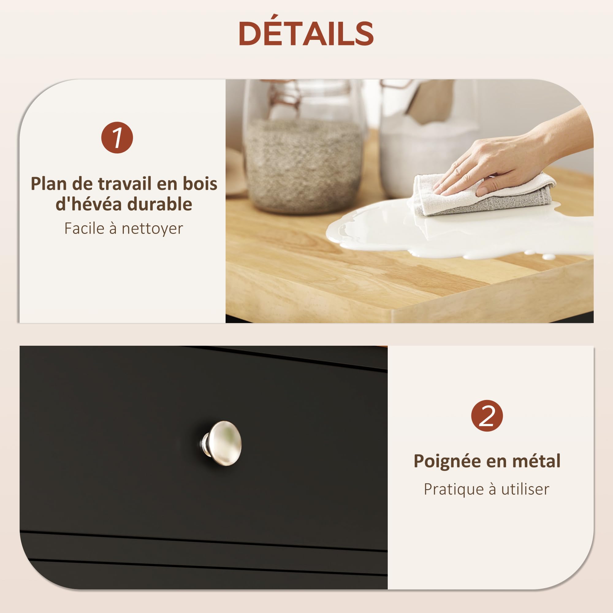 HOMCOM Carro de cocina con ruedas, carro para servir, encimera de madera de caucho, cajón, armario y toallero, carro de cocina y comedor, 63,5 x 40 x 90 cm, negro