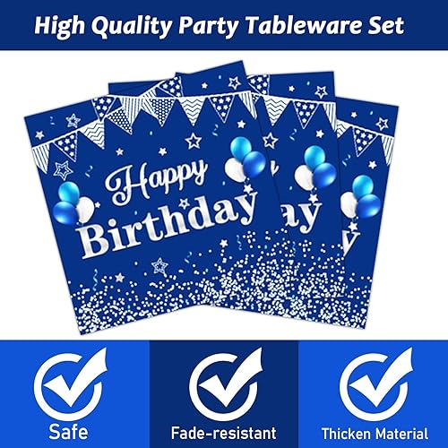 Miniatura 3 de Tevxj - Juego de vajilla para fiesta de cumpleaños, 96 piezas en azul marino y plata, platos desechables, servilletas, tenedores para 24 invitados,