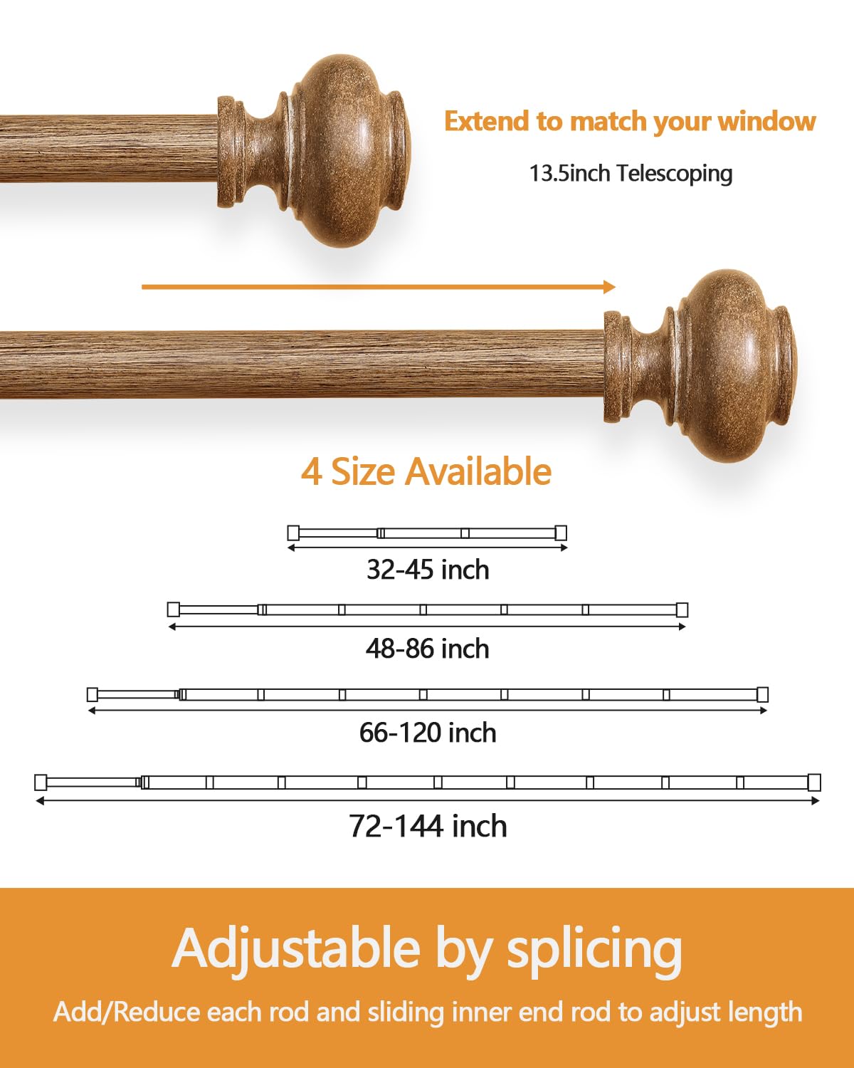 Bastoncini per tende in legno per finestre da 72 a 344 pollici, lunghi 1 pollice, asta per tende boho regolabile, asta per tende a finestra singola decorativa rustica