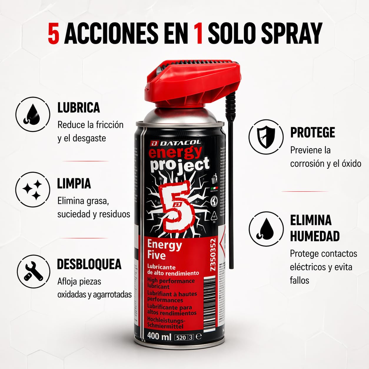 Datacol lubricante spray multiuso 5 en 1, aflojatodo de alto rendimiento y larga duración, elimina óxido y protege contra corrosión, 400 ml (4)