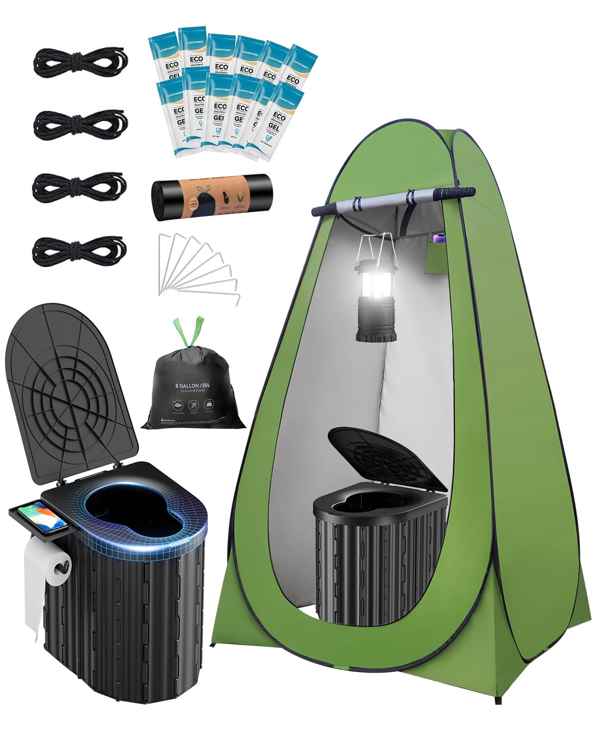 Portable Toilet with Privacy Tent Urine Gel & Leak-Proof Bags, Camping Lantern – Odorless Camping Toilet for Adults & Kids, Outdoor Travel Potty