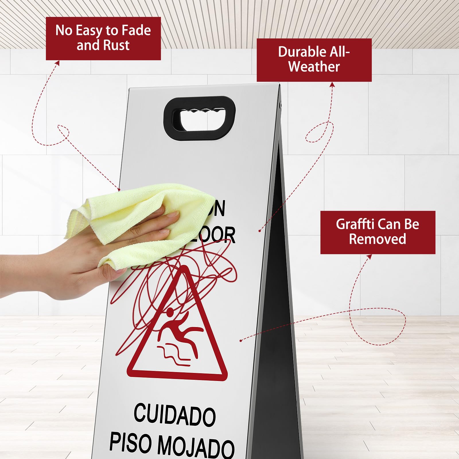 MorningRo 2 letreros de acero inoxidable de 24 pulgadas, resistentes con precaución y suelo mojado, doble cara, portátil, plegable, advertencia de seguridad bilingüe para restaurante, baño, oficina