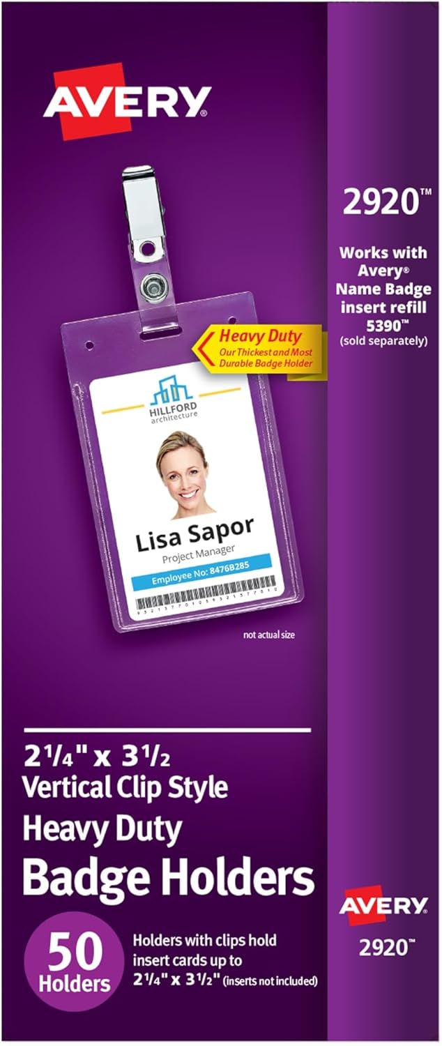 Avery Heavy Duty Badge Holders, 2.25" x 3.5", 50 Horizontal Name Badge Holders with Clips (2921)