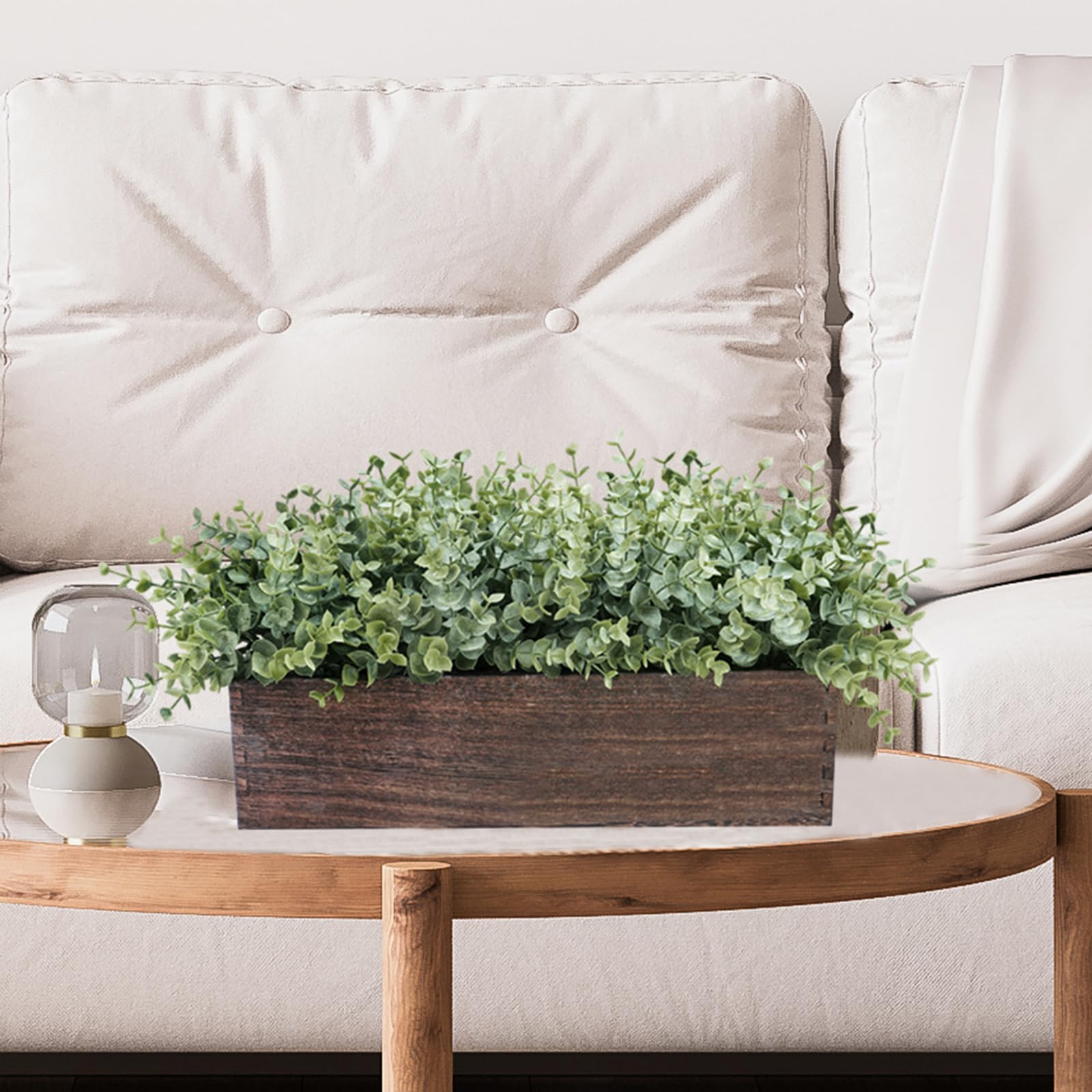 Eucalipto artificial de 14 pulgadas en maceta rectangular de madera, arreglo de plantas sintéticas, planta de eucalipto en maceta de madera para granja, boda, comedor, centro de mesa, 7