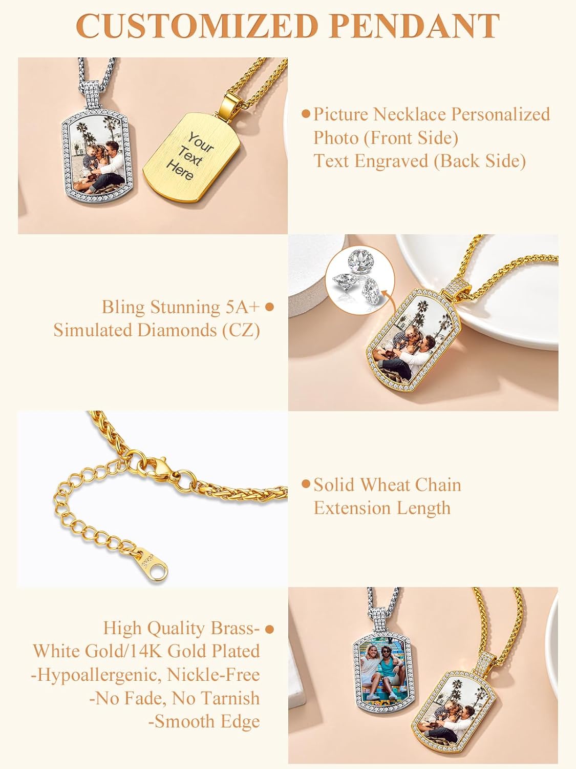 Custom4U Picture Necklace Personalized Photo for Men Women Steel/18K Gold Plated/Black Custom Angel Wings/Heart Pendant Necklace with Picture Memory Circle Chain 18-30 Inch,Hip Hop Jewelry+Gift Box