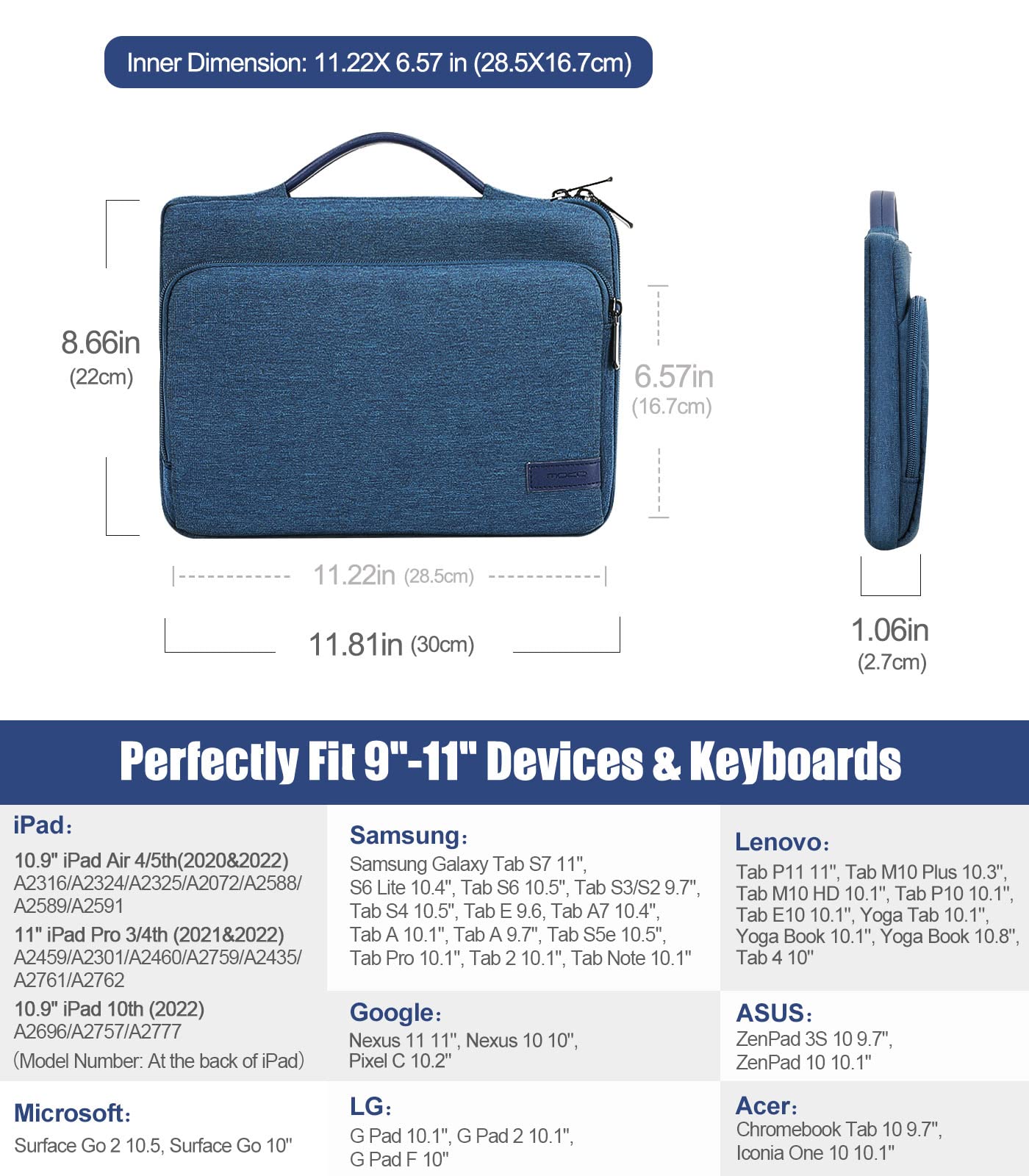 MoKo 9-11 Inch Tablet Sleeve Bag Carrying Case with Retractable Handle Fits New 11-inch iPad Pro M4/iPad Air M2 2024, iPad Air 5/4th 10.9, iPad 10th Gen 10.9, iPad Pro 11, iPad 9/8th 10.2, Indigo
