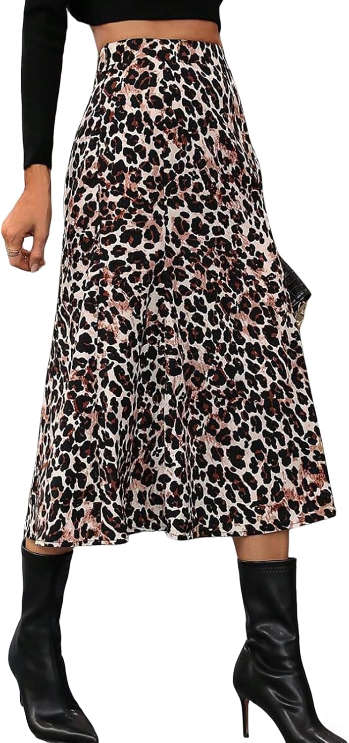 Women's A-Line Skirt High Waist Black Leopard Print Hidden Zipper Casual Office Work Midi Skirs