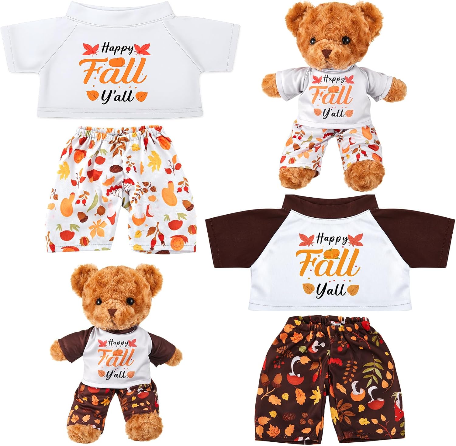 Civaner 2 Sets Fall Bear Clothes Outfit, Fit Most 12-16 Inch Bears Stuffed Animal Pajamas Plushie Clothes for Stuffed Animals, Beige and Mocha