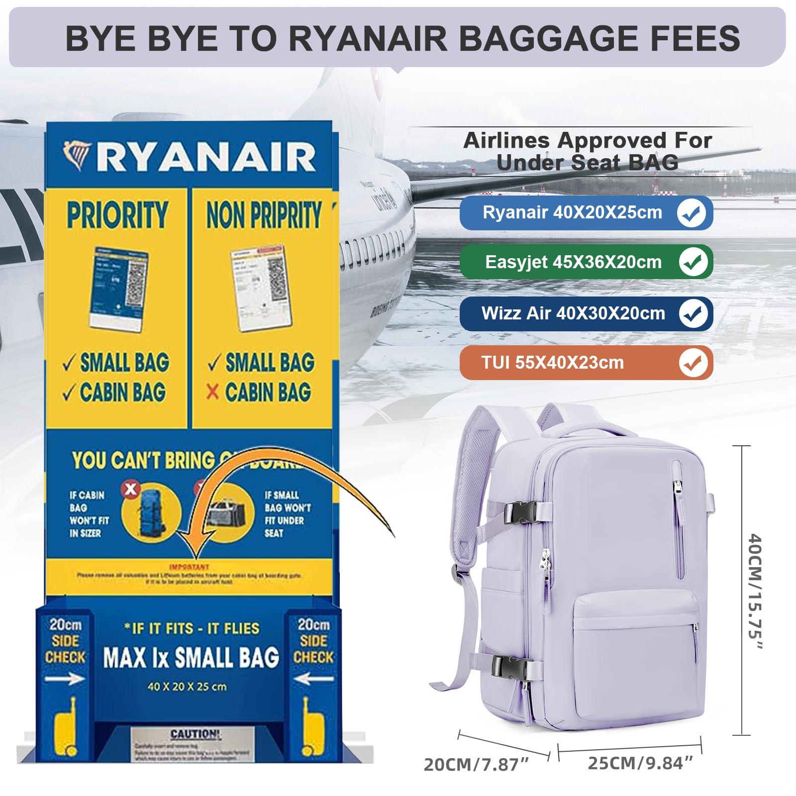 Zaino da Viaggio per Ryanair 40x20x25 Bagaglio a Mano Zaino Borse da Cabina per Ryanair Il Sedile Zaino Aereo Bagaglio a Mano Donna Borsa Cabina Viaggio Zaino Travel Viaggio Casual Daypack,Viola Taro