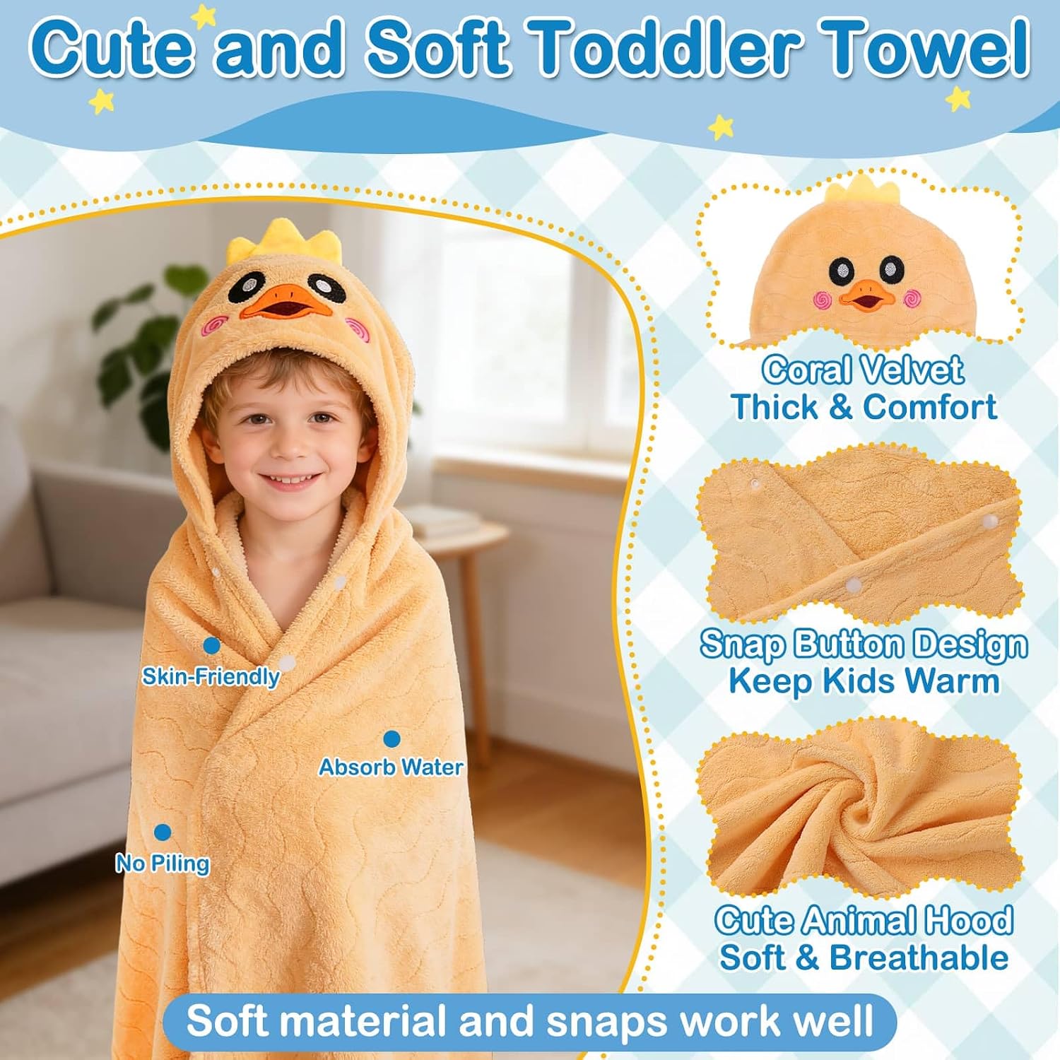 Flasoo 8 Pcs Toddler Towel Set, 2 Pcs Hooded Toddler Bath Towel, Large 55" x 27.5" Toddler Hooded Towel & 6 Pcs Baby Washcloths for Boy Girl 0-5 Year, Soft Gift for Babies, Infant, Newborn Essential