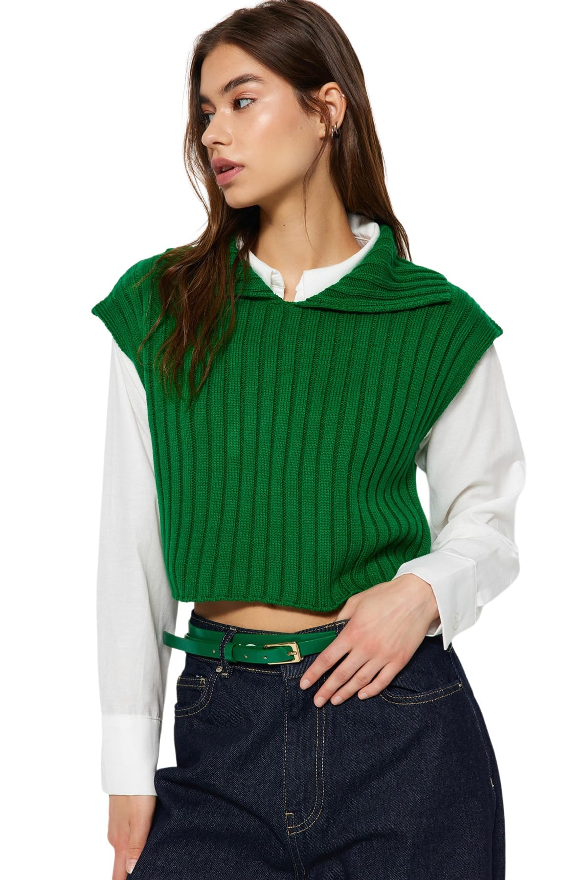 Trendyol Damen Regular fit Basic Polo Neck Knitwear Sweater Pullover, Green,